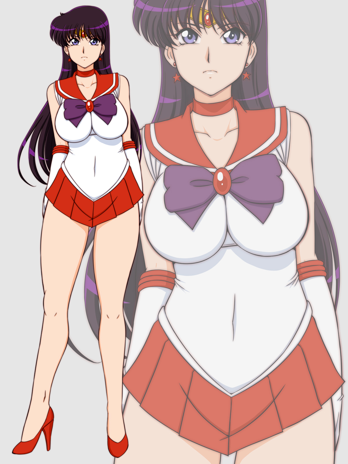 lento (glamour works), hino rei, sailor mars, bishoujo senshi sailor moon, highres, bare shoulders, black hair, bow, bowtie, breasts, choker, circlet, collarbone, earrings, gem, high heels, jewelry, large breasts, long hair, miniskirt, pleated skirt, purple bow, purple bowtie, red brooch, red choker, red gemstone, red sailor collar, red skirt, sailor collar, skirt, star (symbol), star earrings, swept bangs, thick thighs, thighs