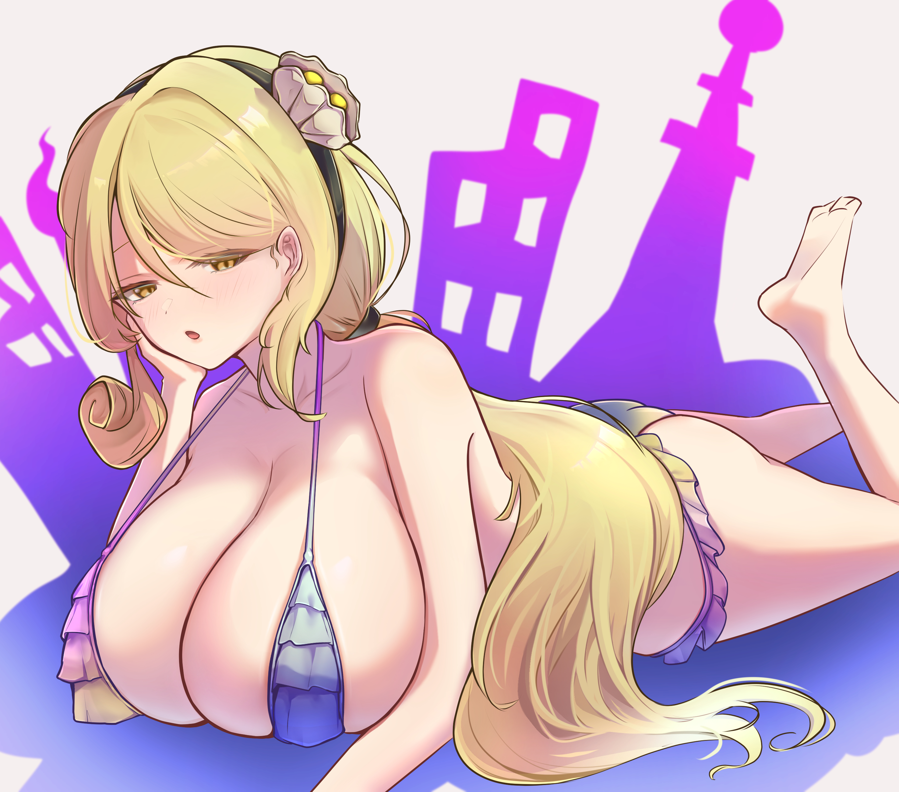 rh thunderriver, watari nina, fossilized wonders, touhou, absurdres, highres, 1girl, bikini, blonde hair, breasts, clam shell ornament, flat earth, frilled bikini, frills, hair between eyes, hand on own cheek, hand on own face, huge breasts, large breasts, leg up, light blush, long hair, looking at viewer, lying, multicolored bikini, on stomach, open mouth, oyster, shell hair ornament, silhouette, solo, swimsuit, yellow eyes