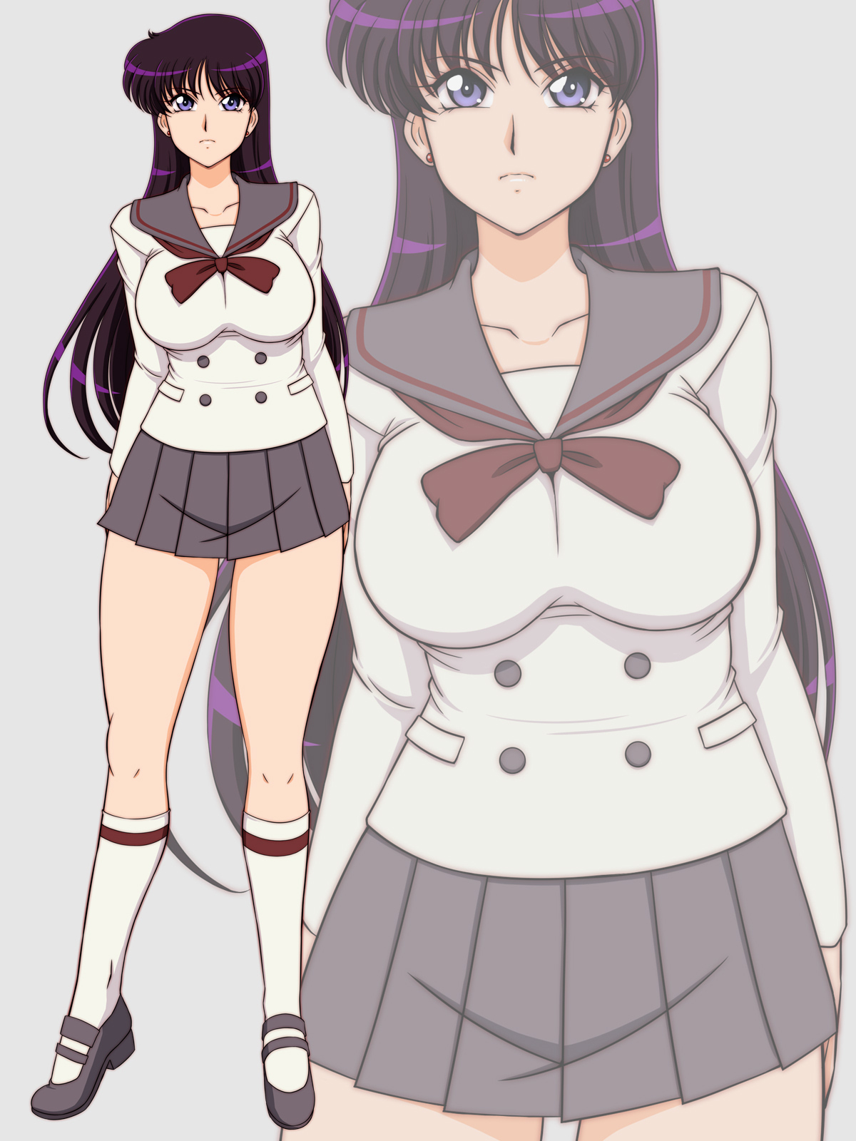 lento (glamour works), hino rei, bishoujo senshi sailor moon, highres, black hair, bow, bowtie, breasts, collarbone, earrings, grey sailor collar, grey skirt, jewelry, large breasts, long hair, mary janes, red bow, red bowtie, sailor collar, school uniform, serafuku, shoes, skirt, socks, stud earrings, swept bangs, ta girls school uniform, thick thighs, thighs, white socks