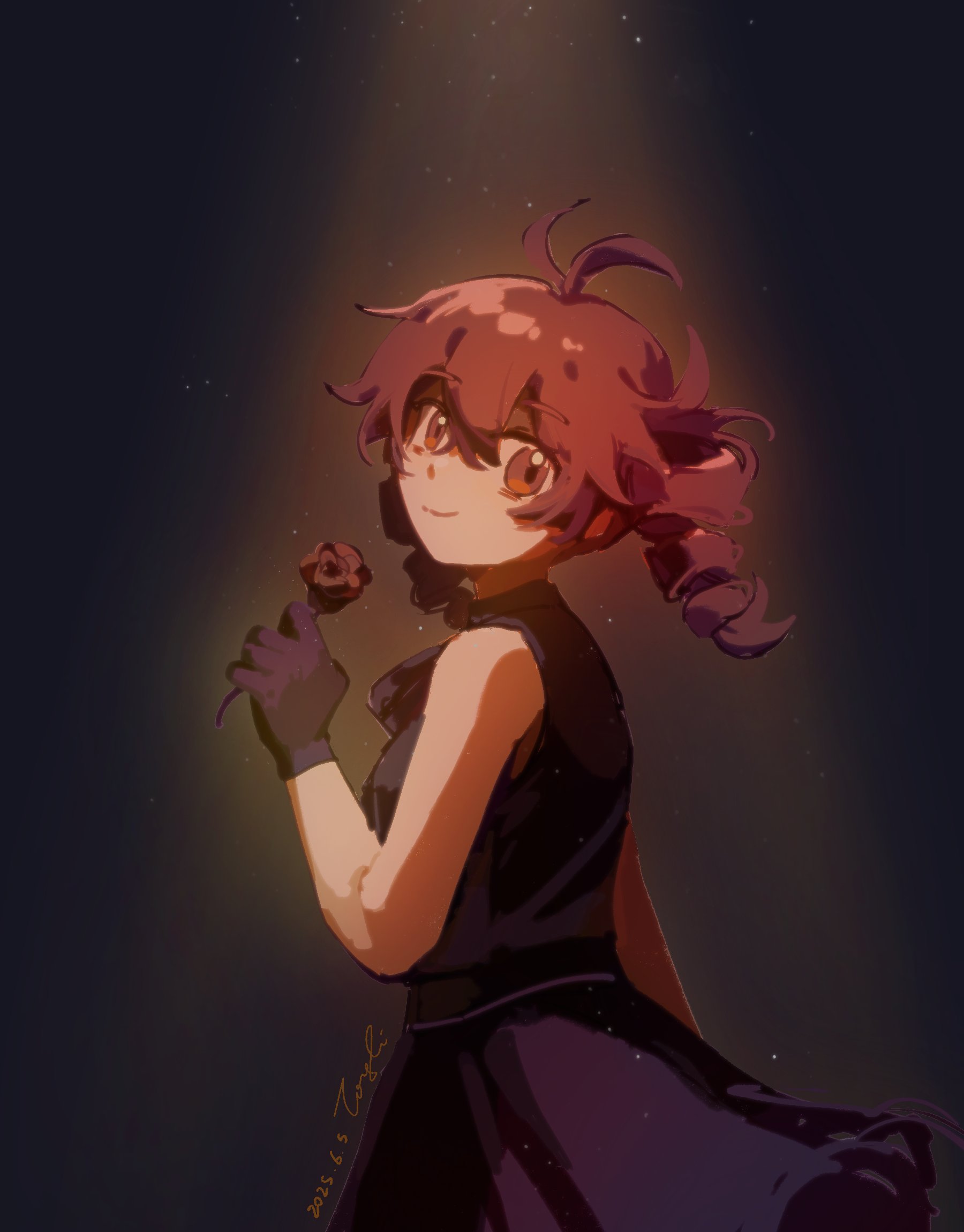 rainflowerstone, kasane teto, synthesizer v, utau, highres, 1girl, antenna hair, arm at side, black dress, black gloves, breasts, closed mouth, dress, drill hair, encore dance (synthesizer v), flower, gloves, hair between eyes, hand up, holding, holding flower, looking at viewer, looking to the side, red eyes, red hair, rose, short hair, signature, sleeveless, sleeveless dress, small breasts, smile, solo, spotlight, twin drills, upper body