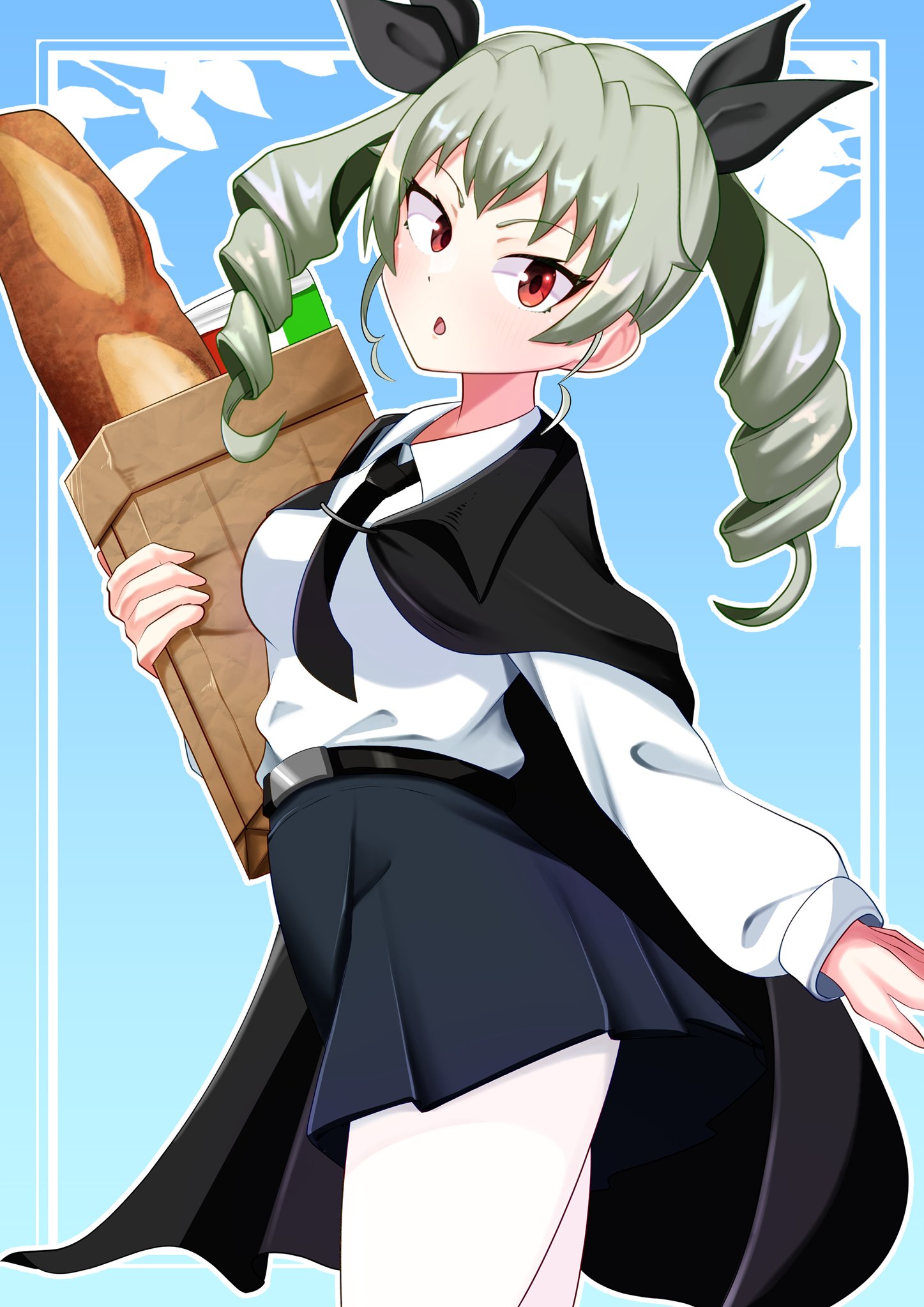 banareona, anchovy (girls und panzer), girls und panzer, commentary request, highres, revision, 1girl, anzio school uniform, bag, black cape, black ribbon, blue background, bread, cape, drill hair, food, green hair, hair ribbon, looking at viewer, pantyhose, ribbon, school uniform, shopping bag, solo, thighhighs, twin drills, white thighhighs