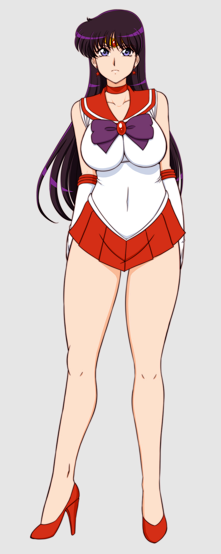 lento (glamour works), hino rei, sailor mars, bishoujo senshi sailor moon, highres, bare shoulders, black hair, bow, bowtie, breasts, choker, circlet, collarbone, earrings, gem, high heels, jewelry, large breasts, long hair, miniskirt, pleated skirt, purple bow, purple bowtie, red brooch, red choker, red gemstone, red sailor collar, red skirt, sailor collar, skirt, star (symbol), star earrings, swept bangs, thick thighs, thighs