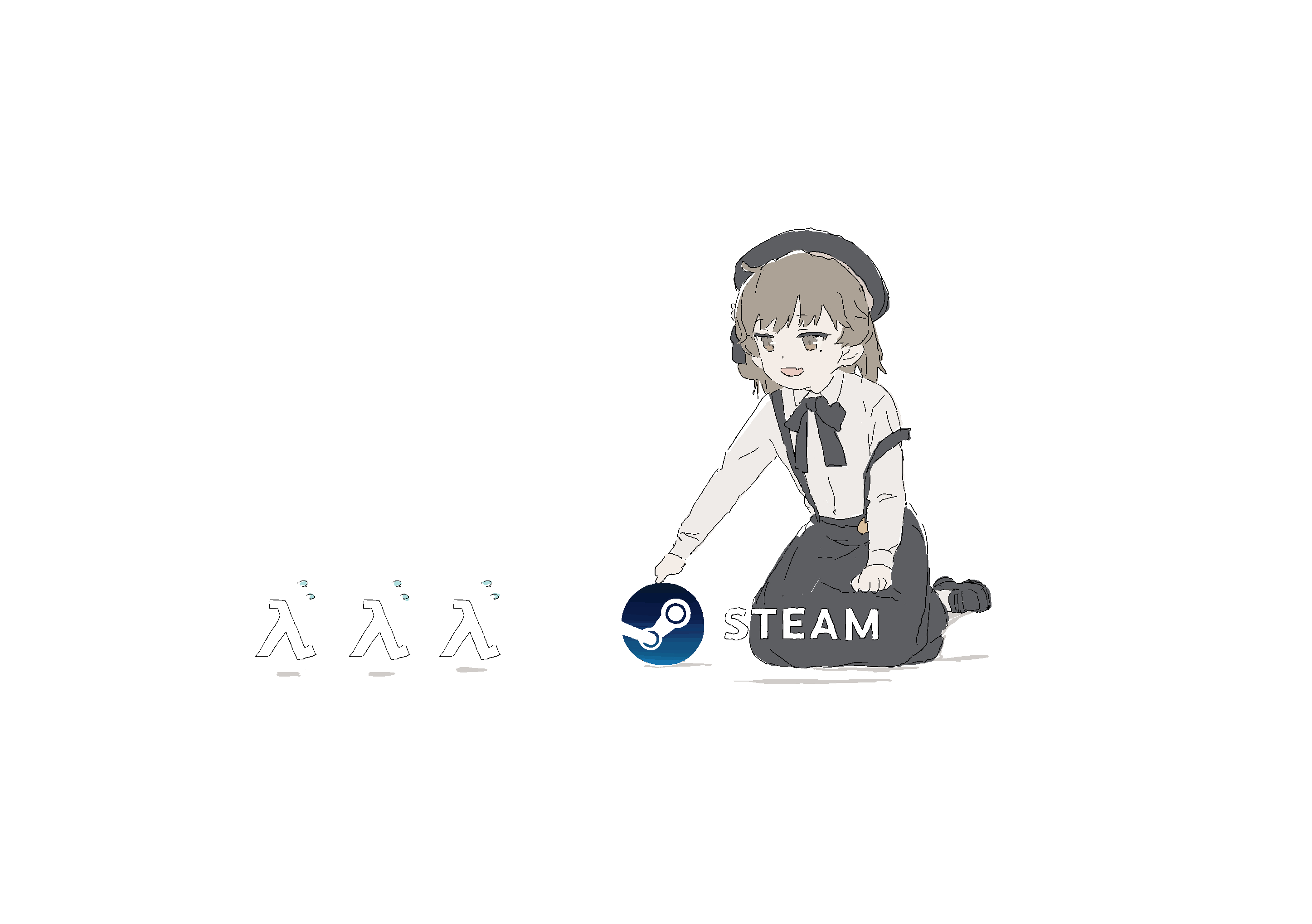 mmmkawaine, hatoba tsugu, steam (platform), tsugu (vtuber), highres, 1girl, animate object, beret, black hat, black ribbon, black skirt, brown eyes, brown hair, collared shirt, fang, flying sweatdrops, full body, hat, lambda symbol, logo, medium hair, mole, mole under eye, neck ribbon, poking, ribbon, seiza, shirt, simple background, sitting, skin fang, skirt, smile, solo, suspender skirt, suspenders, suspenders slip, virtual youtuber, white shirt