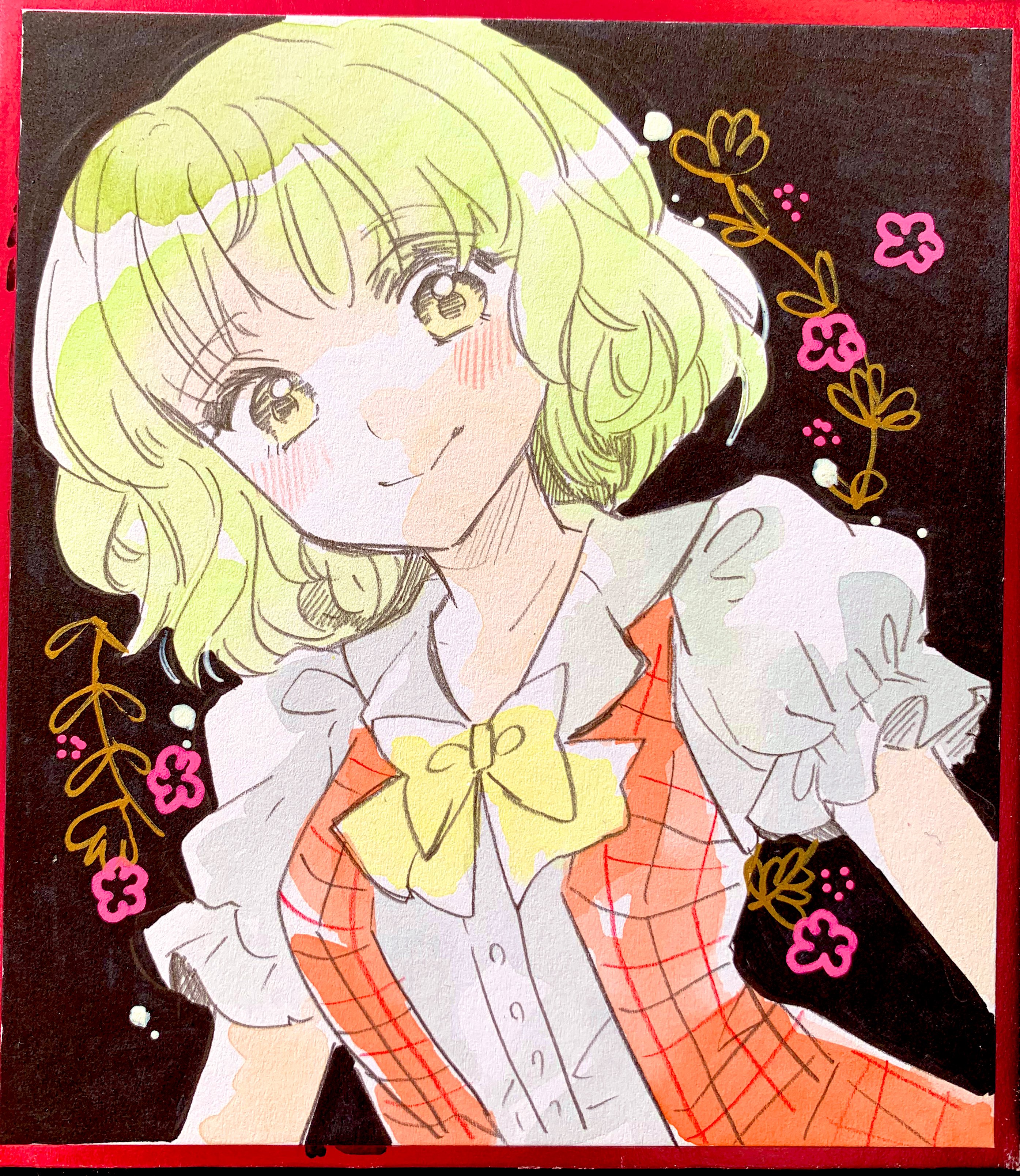 akaioringo2023, kazami yuuka, touhou, absurdres, highres, photo (medium), 1girl, black background, collared shirt, green eyes, green hair, looking at viewer, medium hair, red eyes, shirt, short sleeves, solo, upper body, white shirt