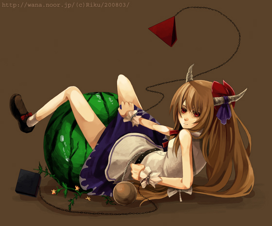 riku (artist), riku (wana), ibuki suika, touhou, bad id, bad pixiv id, 1girl, bare shoulders, blue skirt, bow, bowtie, brown background, chain, expressionless, female focus, food, from behind, fruit, gourd, hair bow, horns, impossible clothes, legs up, loafers, looking at viewer, looking back, lying, on back, oni, red bow, red bowtie, shoes, skirt, solo, tassel, watermelon, wrist cuffs