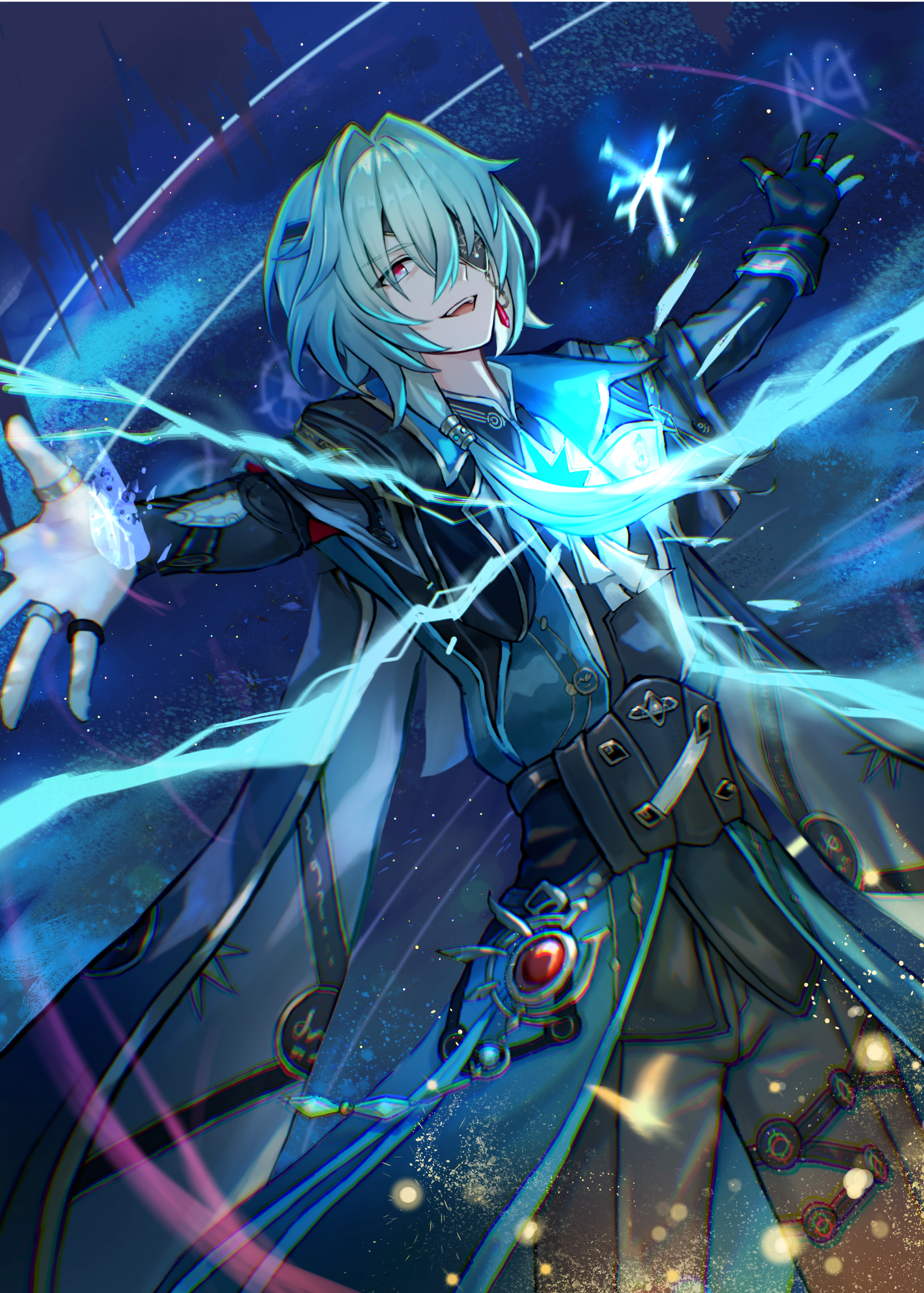 isome, anaxa (honkai: star rail), honkai: star rail, honkai (series), absurdres, commentary request, highres, revision, 1boy, aqua coat, aqua eyes, ascot, black gloves, black shirt, coat, earrings, eyepatch, gloves, grey hair, grey pants, hair intakes, hair tubes, jewelry, long sleeves, male focus, multiple rings, open mouth, pants, partially fingerless gloves, pink pupils, ring, shirt, single glove, single hair tube, smile, solo, white ascot