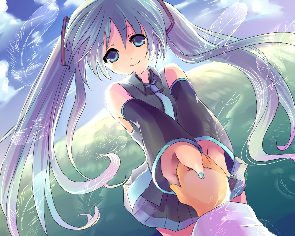 kobanzame, hatsune miku, vocaloid, bad id, bad pixiv id, 1girl, aqua eyes, aqua hair, detached sleeves, feathers, holding hands, long hair, necktie, pov, skirt, smile, solo focus, twintails