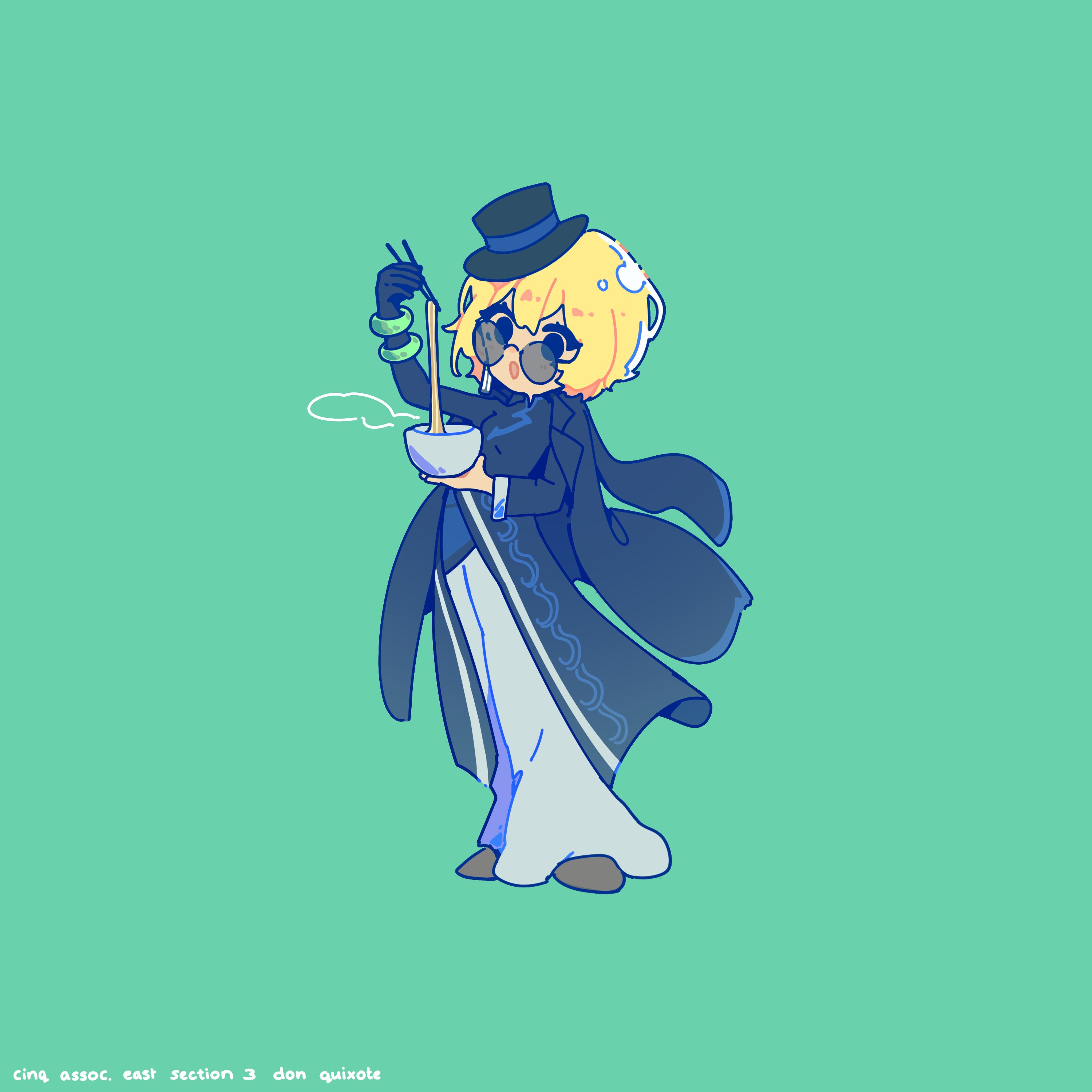minty chu, don quixote (project moon), limbus company, project moon, absurdres, highres, 1girl, :d, black coat, black dress, black eyes, black gloves, black hat, blonde hair, brown shoes, china dress, chinese clothes, cinq association east uniform, coat, coat on shoulders, deformed, dress, earrings, full body, gloves, green background, hat, jade bracelet, jewelry, looking at object, ofuda earrings, open mouth, pants, partially opaque sunglasses, round eyewear, shoes, short hair, simple background, single earring, single glove, smile, solo, standing, sunglasses, tilted headwear, white pants