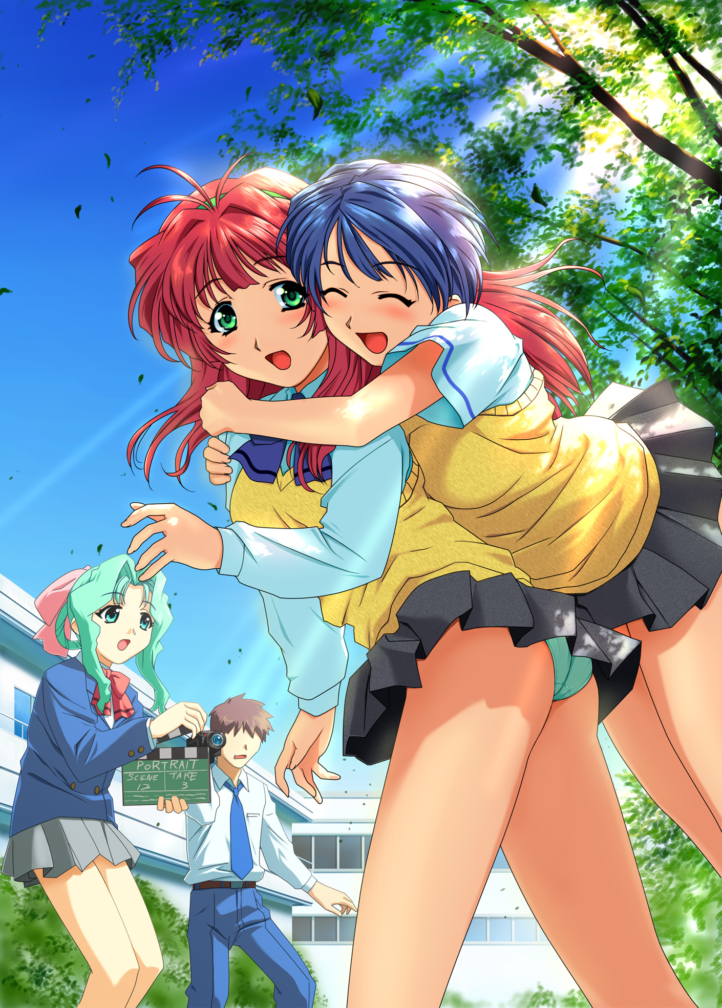 carnelian, hirose mariko, mizuno makoto (green), sakurai akane, sakurai akane (green), green (game), umitsuki production, highres, 1boy, 3girls, blue hair, blush, camcorder, hug, multiple girls, panties, pantyshot, pink hair, pleated skirt, school uniform, serafuku, skirt, underwear, video camera