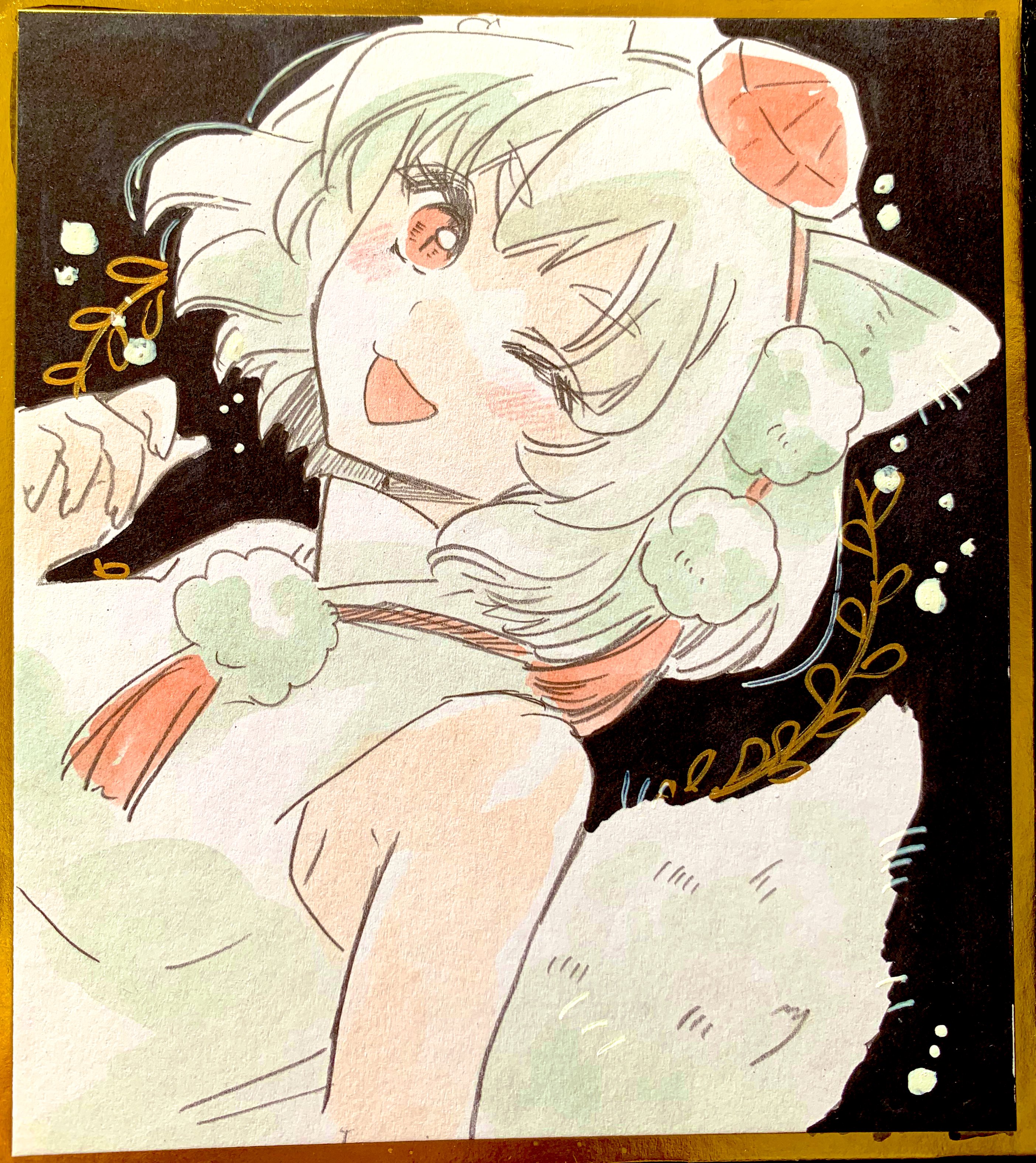 akaioringo2023, inubashiri momiji, touhou, absurdres, highres, 1girl, animal ears, black background, hat, looking at viewer, medium hair, one eye closed, open mouth, red eyes, short hair, sleeveless, solo, tail, tokin hat, wolf ears, wolf girl, wolf tail