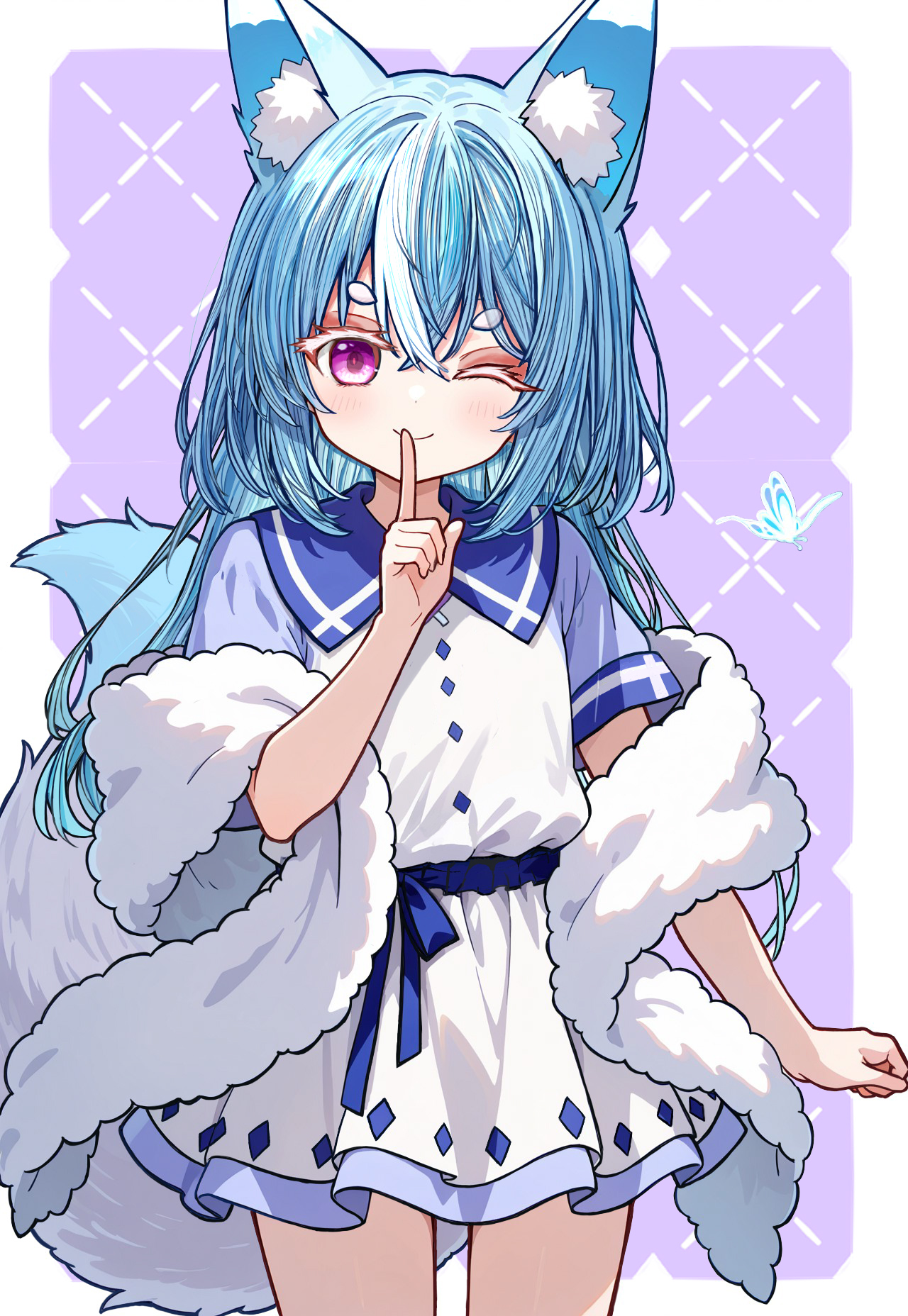 gensou roukaku, summer pockets, commentary request, highres, 1girl, ;), animal ear fluff, animal ears, arm at side, blue hair, blush, border, buttons, clenched hand, closed mouth, colored eyelashes, cowboy shot, crossed bangs, diamond button, eyelashes, finger to mouth, fox ears, fox girl, fox tail, fur shawl, hair between eyes, hair intakes, hand up, inari (summer pockets), index finger raised, long hair, looking at viewer, miniskirt, multicolored hair, one eye closed, outside border, personification, pink eyes, pink pupils, purple background, shawl, shirt, short eyebrows, short sleeves, shushing, sidelocks, simple background, skirt, smile, solo, straight hair, tail, tail raised, thick eyebrows, two-tone hair, white border, white eyelashes, white hair, white shirt, white skirt