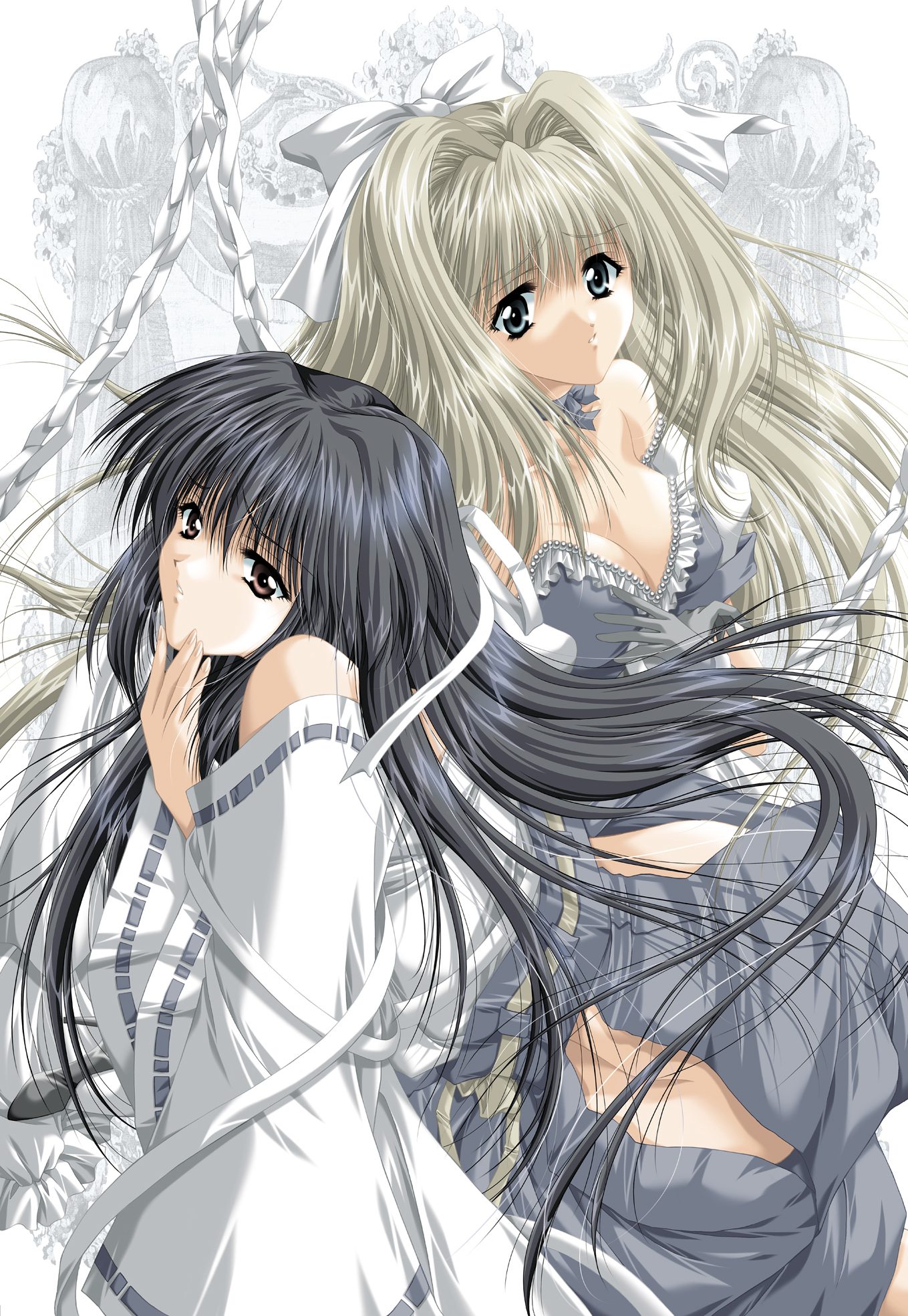 akira (usausa), carnelian, myrtle, sakuya (blood royal), blood royal, highres, 2girls, blue eyes, blue hair, breasts, brown eyes, cleavage, goth fashion, grey hair, grey theme, hair intakes, japanese clothes, long hair, miko, multiple girls, very long hair