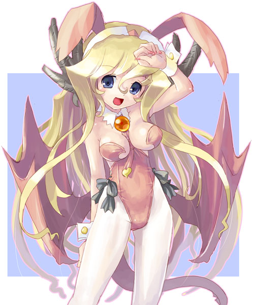 katahira masashi, original, 1girl, animal ears, blonde hair, blue eyes, breasts, cleavage, cowboy shot, fake animal ears, female focus, leotard, long hair, medium breasts, pantyhose, playboy bunny, rabbit, rabbit ears, solo, wings