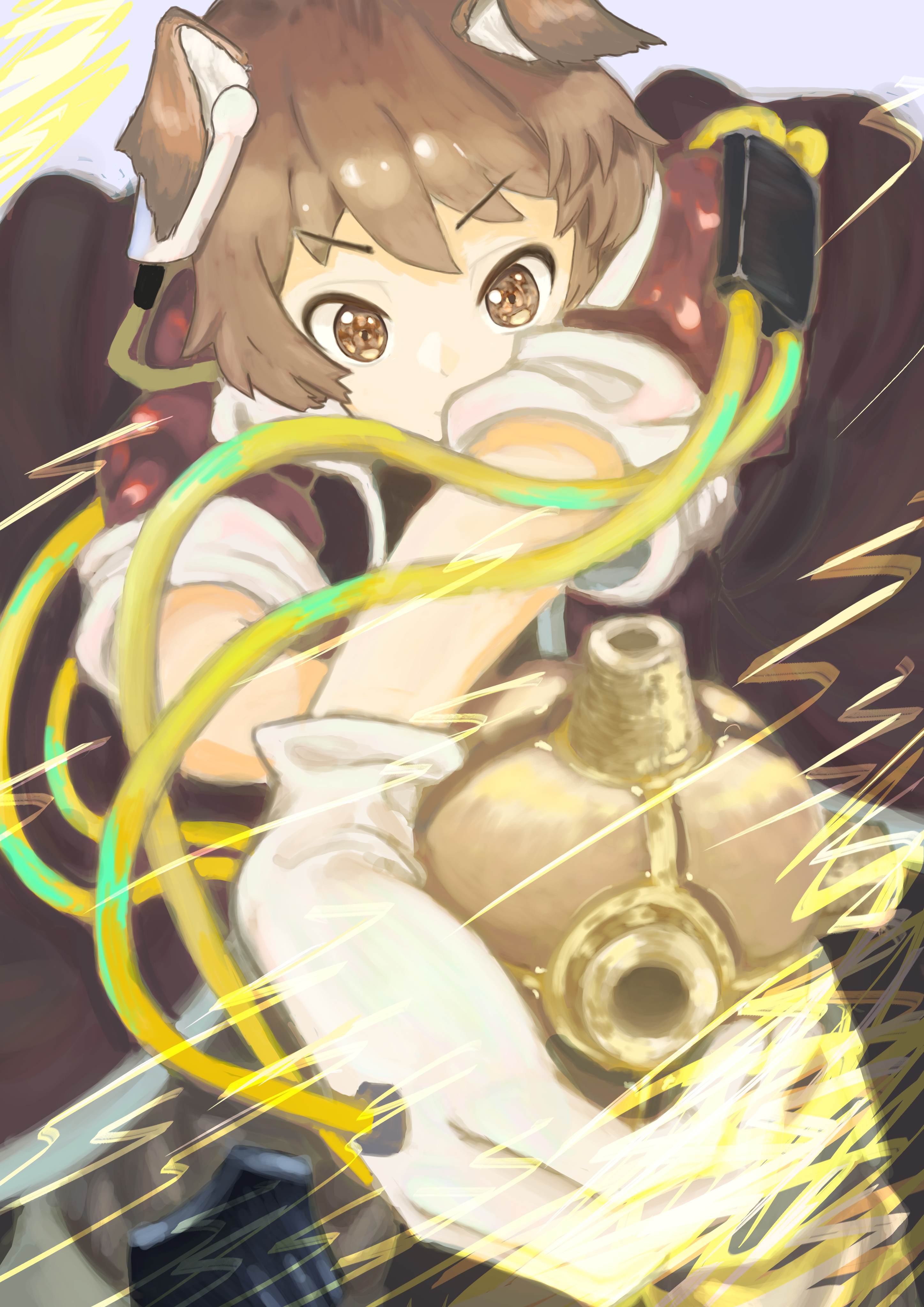 greyy (arknights), greyy the lightningbearer (arknights), arknights, absurdres, highres, animal ears, ball, brown hair, brown jacket, dog boy, dog ears, electricity, electrokinesis, holding, holding ball, jacket, short-sleeved jacket, short sleeves, tube, yellow eyes