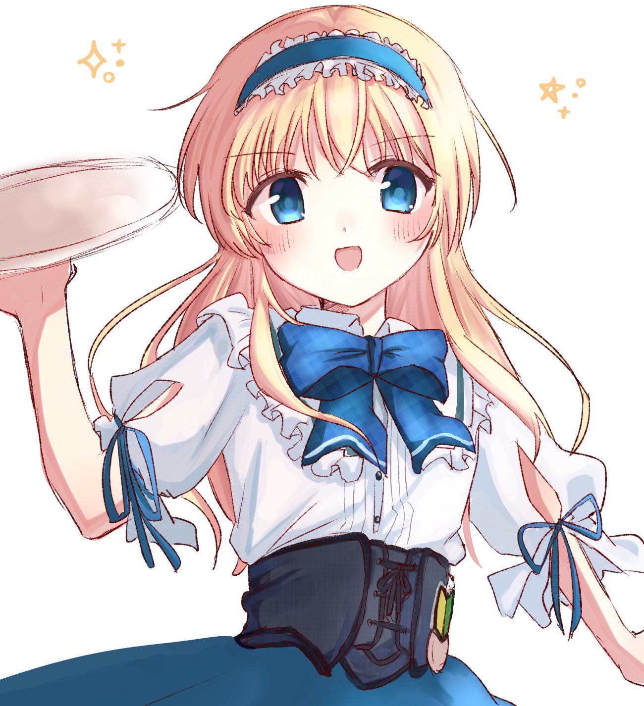 retugo asa, suzuki kana, daitoshokan no hitsujikai, commentary, highres, 1girl, :d, black corset, blonde hair, blue bow, blue bowtie, blue eyes, blue hairband, blue pupils, blue ribbon, blue skirt, blush, bow, bowtie, corset, cowboy shot, floating hair, frilled hairband, frilled shirt collar, frills, hair between eyes, hairband, hand up, holding, holding tray, lolita hairband, long hair, looking at viewer, open mouth, puffy short sleeves, puffy sleeves, ribbon, shirt, short sleeves, sidelocks, simple background, skirt, sleeve ribbon, smile, solo, straight hair, tareme, tray, v-shaped eyebrows, waitress, white background, white shirt