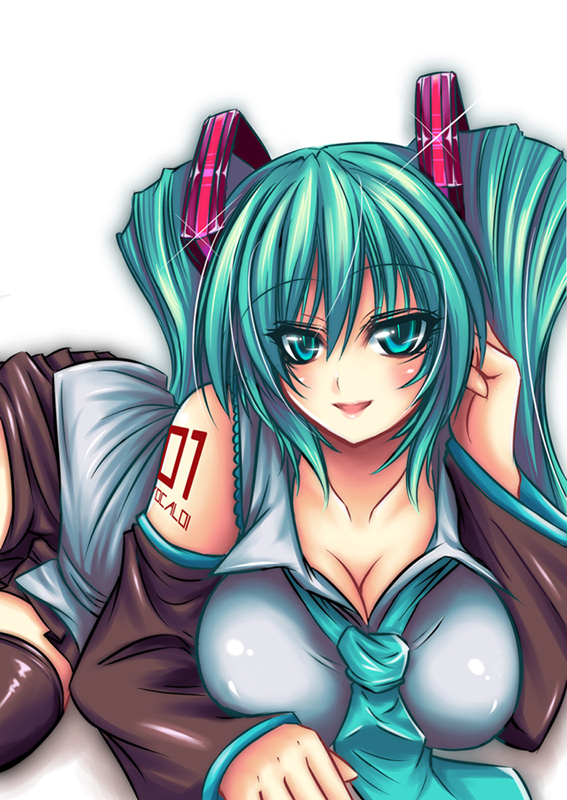 suzuneko (yume no kyoukai), hatsune miku, vocaloid, 1girl, blush, breasts, cleavage, female focus, green eyes, green hair, large breasts, long hair, matching hair/eyes, skirt, solo, thighhighs, twintails