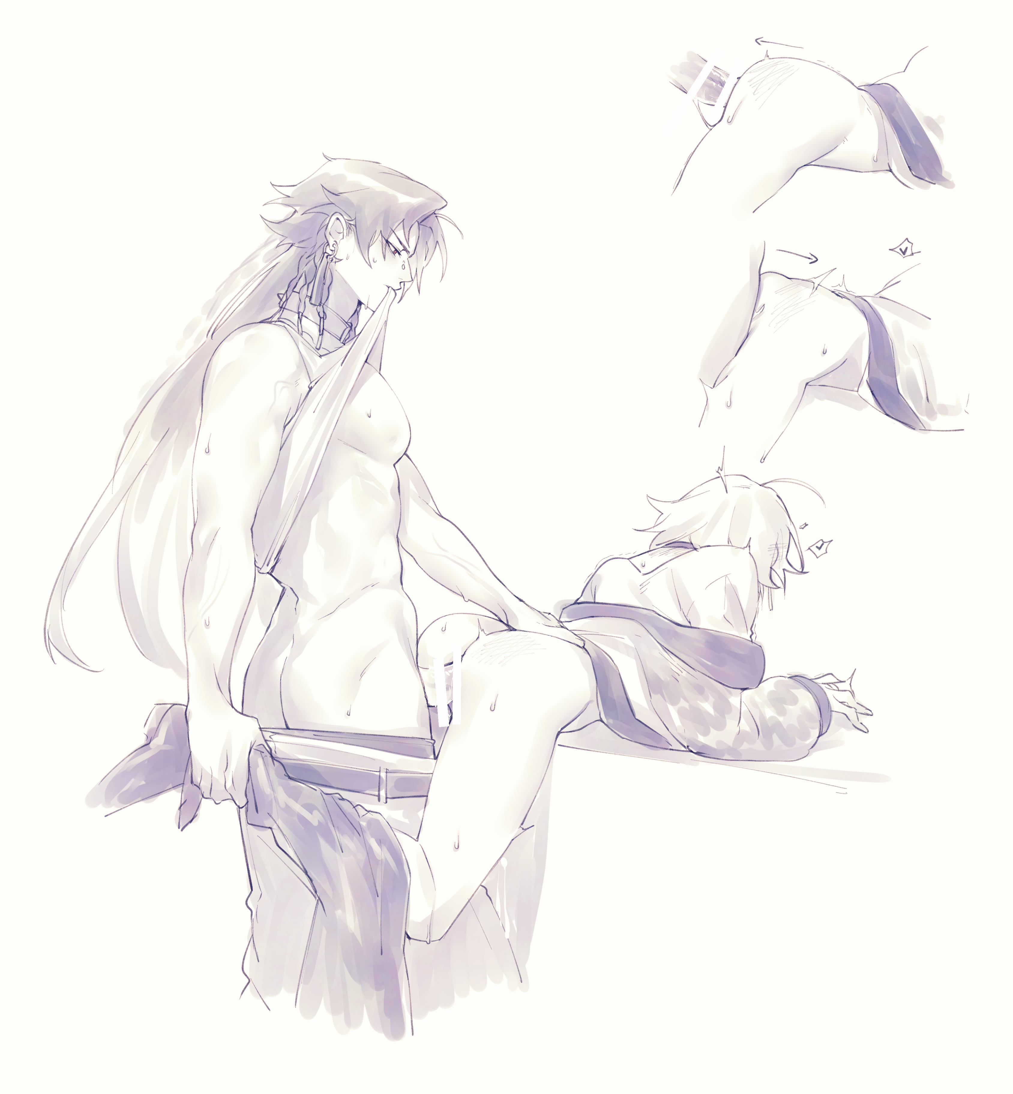 konsai 2, asura (onmyoji), taishakuten (onmyoji), onmyoji, absurdres, commentary request, highres, 2boys, ass, belt, censored, clothes in mouth, clothes pull, deep penetration, greyscale, holding another's ankle, large pectorals, long hair, male focus, male penetrated, male underwear, male underwear peek, monochrome, mouth hold, multiple boys, pants, pants pull, pectorals, penis, sex, sex from behind, shirt in mouth, short hair, standing, thighs, underwear, yaoi