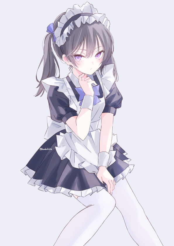 hondahiro, original, 1girl, apron, black dress, black hair, blue bow, blush, bow, breasts, closed mouth, dress, hair bow, hair ornament, long hair, looking at viewer, maid, maid apron, maid headdress, purple eyes, short sleeves, simple background, solo, thighhighs, twintails, white apron, white thighhighs, white wrist cuffs, wrist cuffs