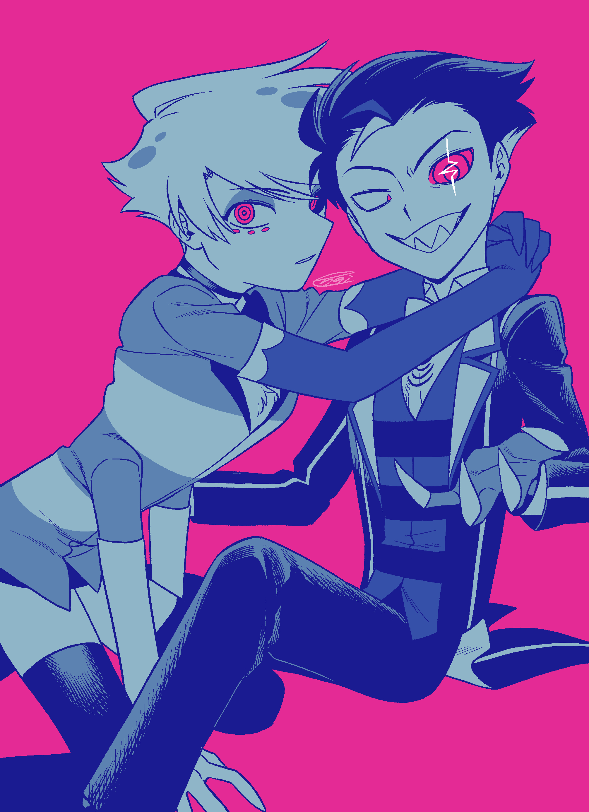 menma (enaic31), angel dust, vox (hazbin hotel), hazbin hotel, hellaverse, absurdres, commentary request, highres, 2boys, :d, coat, collared shirt, colored sclera, elbow gloves, extra arms, eyeshadow, feet out of frame, fewer digits, gloves, grin, hair slicked back, hatching (texture), humanization, invisible chair, kneeling, lapels, limited palette, long sleeves, looking at viewer, makeup, male focus, microskirt, mismatched sclera, multiple boys, notched lapels, open clothes, open coat, open mouth, pants, parted lips, pencil skirt, pink background, pink eyes, pink sclera, ringed eyes, sharp teeth, shirt, short hair, signature, simple background, sitting, skirt, smile, striped clothes, striped coat, striped shirt, striped vest, swept bangs, teeth, thighhighs, two-tone shirt, v-shaped eyebrows, vertical-striped coat, very short hair, vest