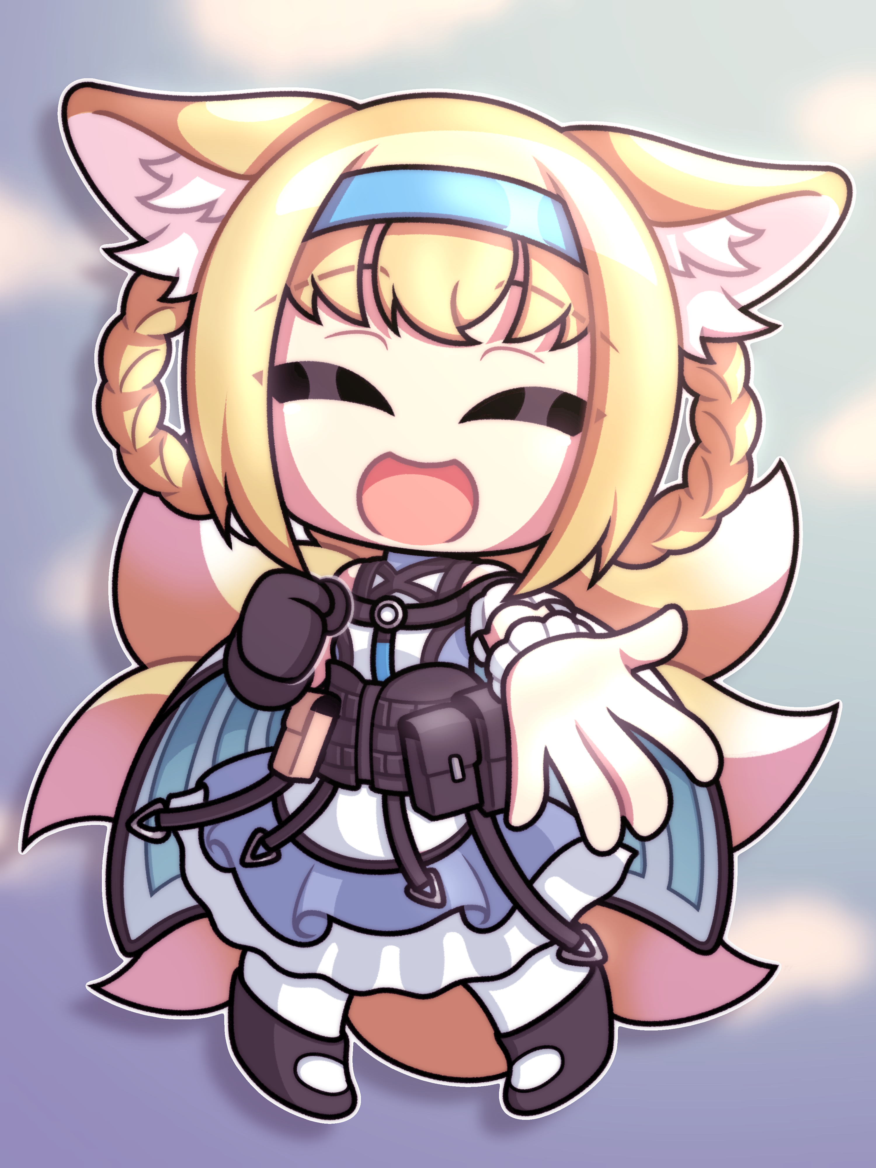 virgate, suzuran (arknights), arknights, absurdres, highres, 1girl, animal ear fluff, animal ears, black gloves, blonde hair, blue dress, blue hairband, braid, braided hair rings, closed eyes, deformed, dress, facing viewer, fox ears, fox girl, fox tail, frilled dress, frills, full body, gloves, hair rings, hairband, kitsune, kyuubi, multiple tails, open mouth, outline, pantyhose, short hair, single glove, solo, tail, twin braids, white outline