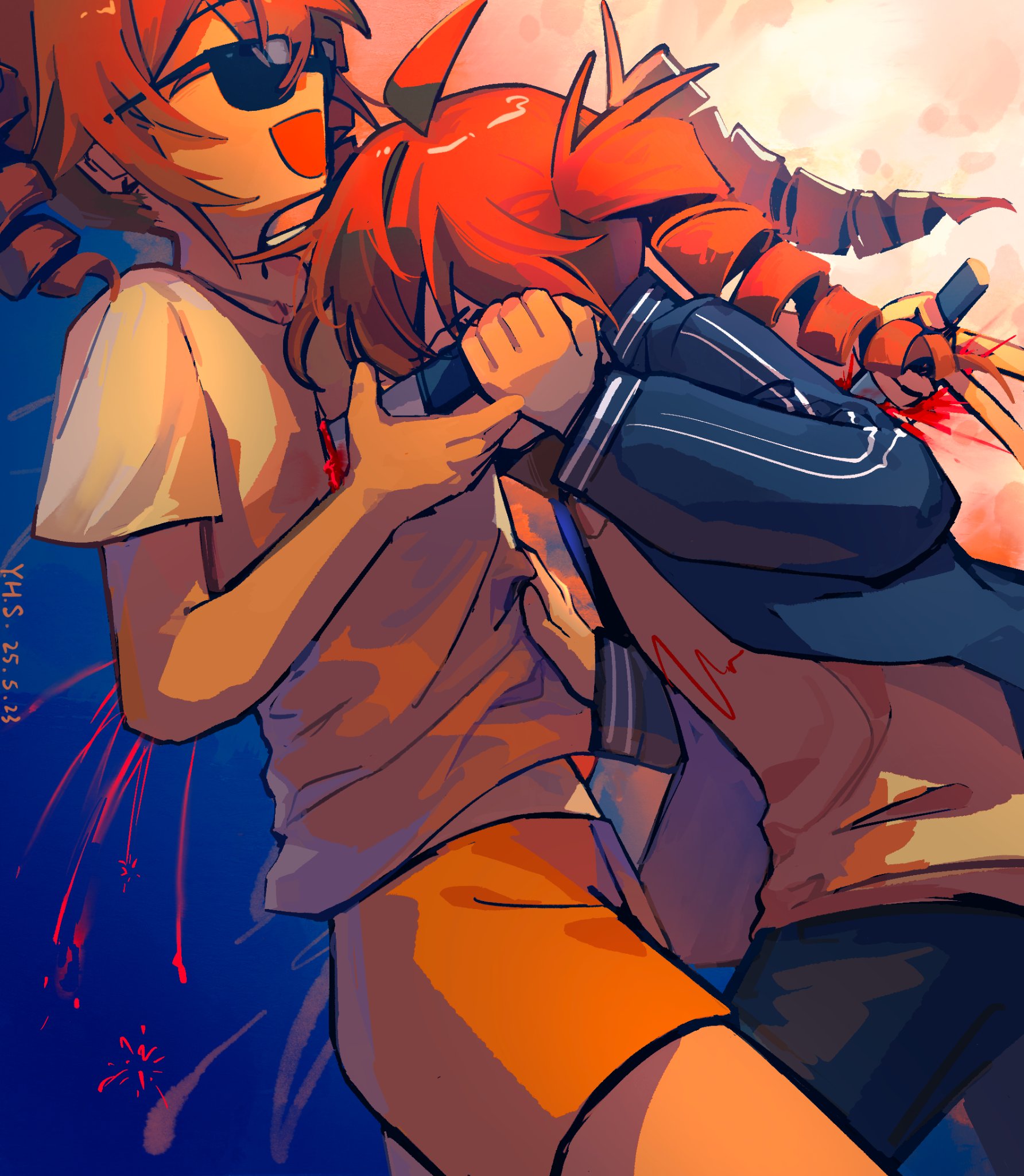 rainflowerstone, kasane teto, liar dancer (synthesizer v), synthesizer v, ultra trailer (synthesizer v), utau, highres, 2girls, ahoge, black jacket, black pants, blood, dated, drill hair, dual persona, hand on another's stomach, holding, holding knife, jacket, knife, long hair, long sleeves, multiple girls, open clothes, open jacket, open mouth, pants, red hair, shirt, short hair, short sleeves, shorts, signature, smile, stab, sunglasses, twin drills, white shirt