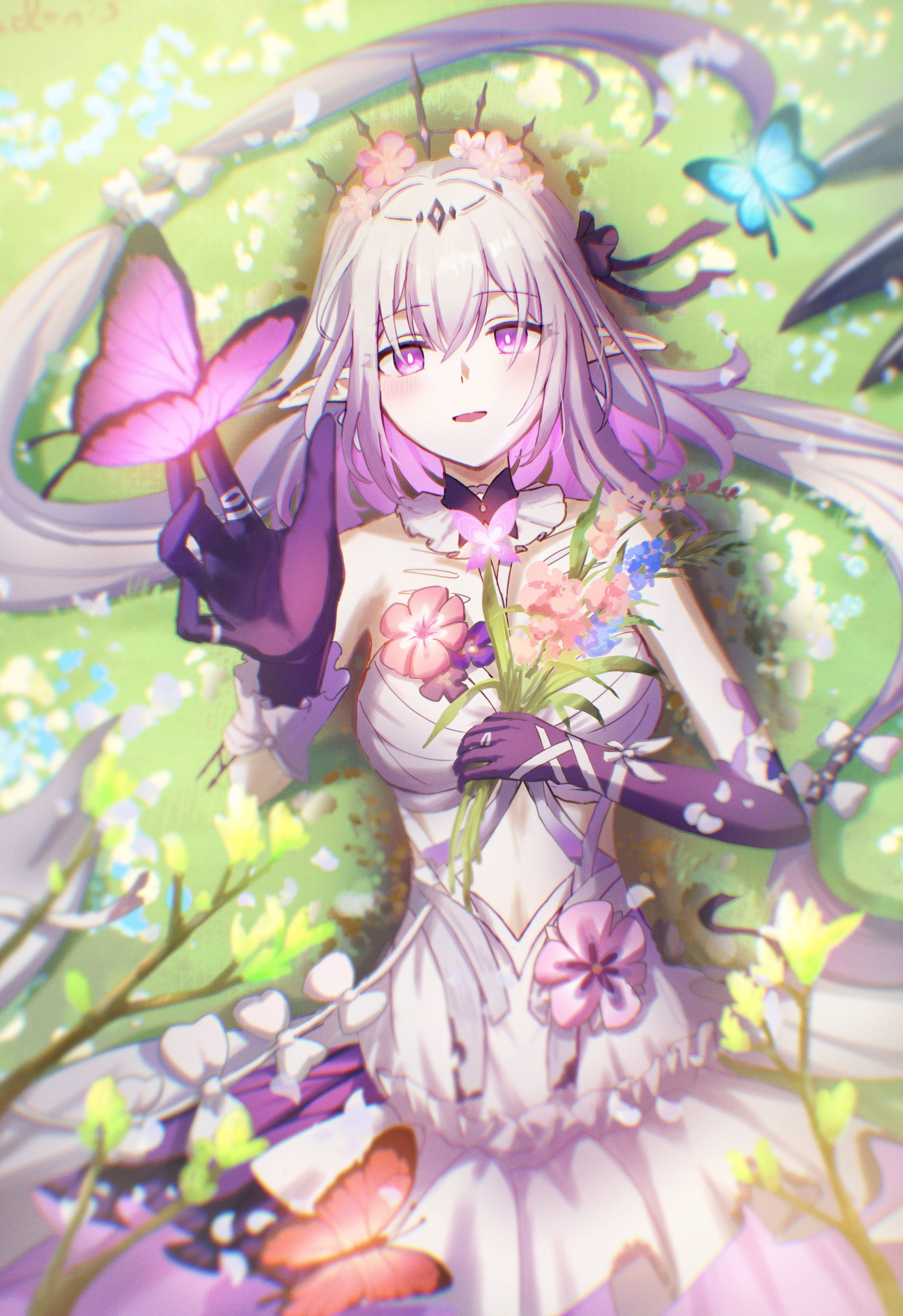 isome, castorice (honkai: star rail), honkai: star rail, honkai (series), absurdres, commentary request, highres, revision, 1girl, arm up, bare shoulders, blue butterfly, bow, breasts, bright pupils, bug, butterfly, butterfly earrings, dress, earrings, elbow gloves, flower, gloves, hair bow, holding, holding flower, insect, jewelry, large breasts, long hair, looking at viewer, lying, on back, on grass, open mouth, outdoors, pointy ears, purple bow, purple butterfly, purple eyes, purple gloves, purple hair, signature, single elbow glove, smile, solo, very long hair, white dress, white pupils