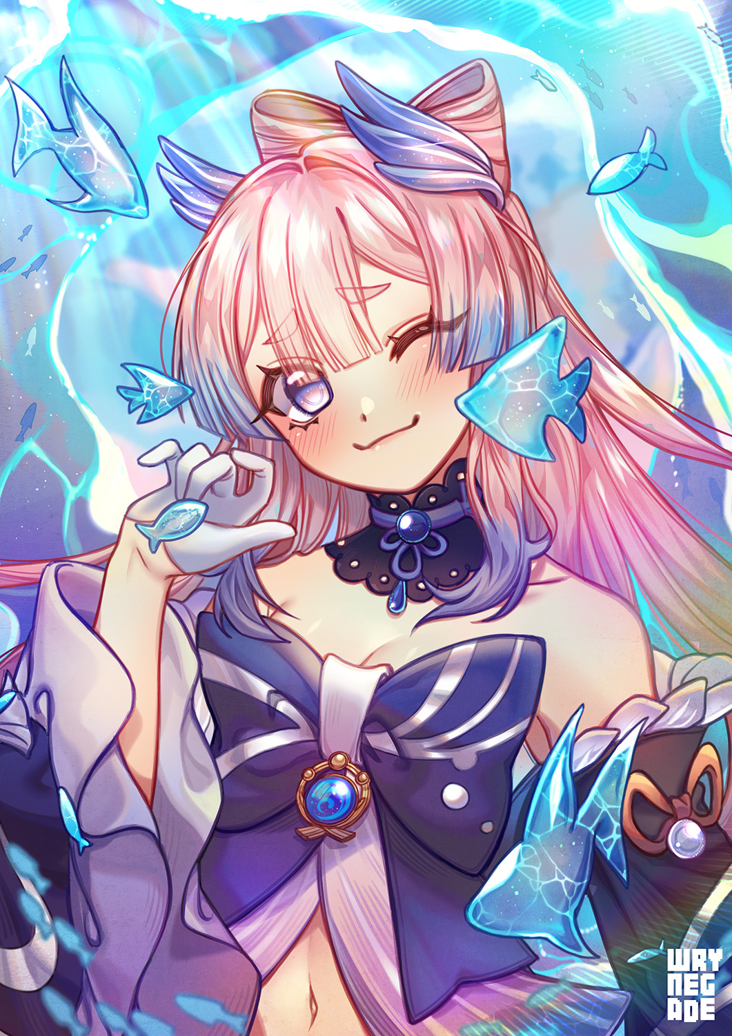 wrynegade, sangonomiya kokomi, genshin impact, commentary, english commentary, highres, 1girl, blue eyes, blue hair, blush, double-parted bangs, fish, gloves, half gloves, long hair, multicolored hair, navel, one eye closed, pink hair, ponytail, smile, solo, two-tone hair, upper body, vision (genshin impact), water, white gloves