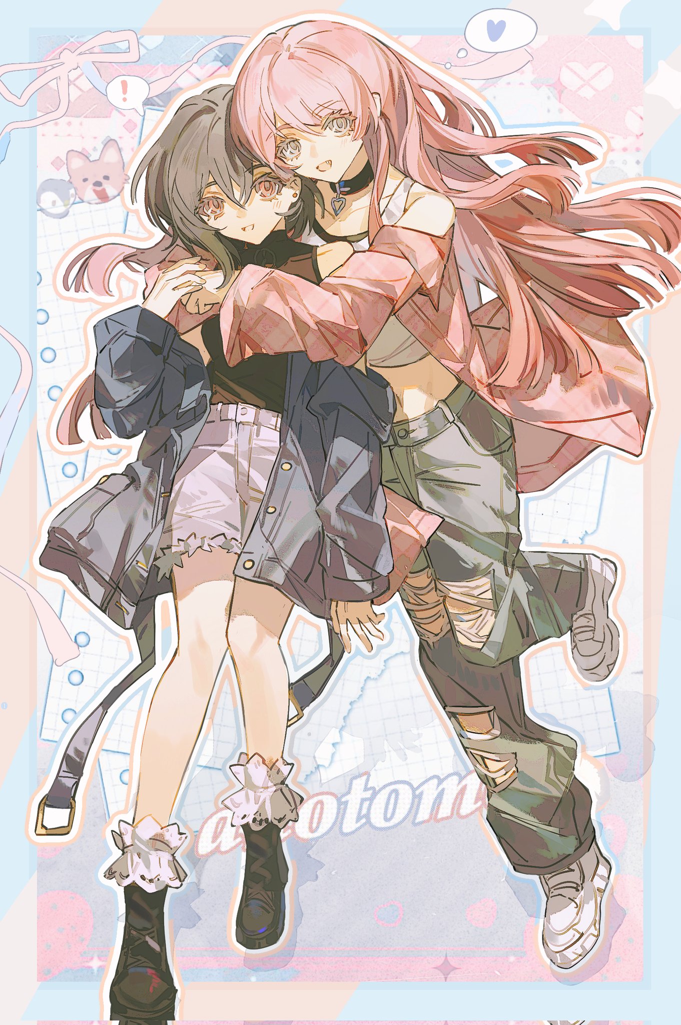 hikawayunn, chihaya anon, takamatsu tomori, bang dream!, bang dream! it's mygo!!!!!, chinese commentary, commentary request, highres, 2girls, black choker, black shirt, black shoes, blue jacket, blue pants, brown eyes, choker, crop top, fang, grey eyes, grey hair, heart, hug, jacket, long hair, midriff, multiple girls, navel, open mouth, pants, pink hair, pink jacket, ship name, shirt, shirt tucked in, shoes, short hair, shorts, sleeveless, sleeveless shirt, spoken heart, tank top, white shoes, white shorts, white tank top, yuri