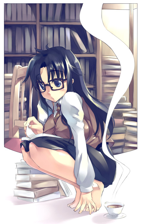 mikage sekizai, yomiko readman, read or die, 00s, 1girl, barefoot, book, breasts, coffee, feet, female focus, glasses, indoors, large breasts, long hair, solo, squatting, tea