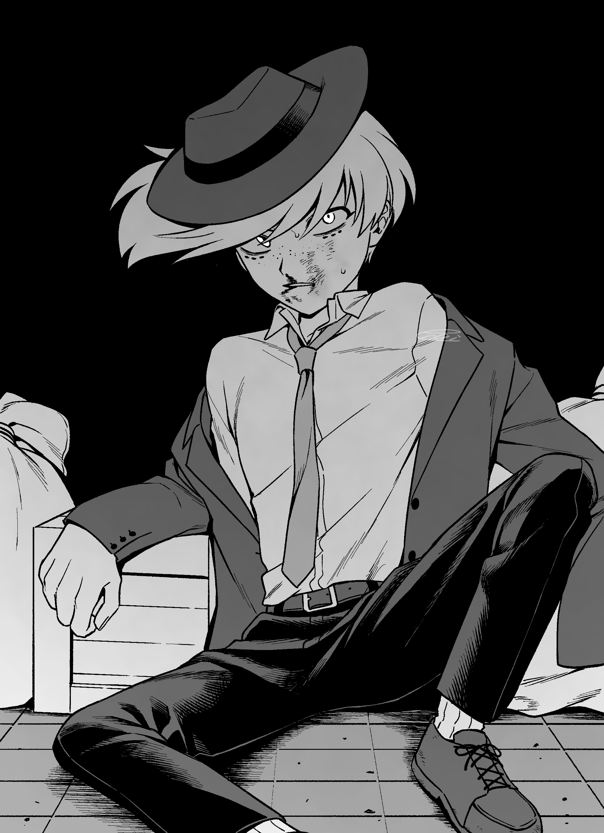 menma (enaic31), angel dust, hazbin hotel, hellaverse, absurdres, commentary request, highres, 1boy, against wall, bag, black background, blood, box, buttons, collared shirt, fedora, foot out of frame, glowing, glowing eyes, greyscale, hat, hatching (texture), humanization, indoors, jacket, jacket partially removed, knee up, lapels, long sleeves, looking at viewer, male focus, monochrome, nosebleed, notched lapels, pants, parted lips, ribbed socks, scared, shirt, shoelaces, shoes, short hair, signature, simple background, sitting, socks, solo, spread legs, sweat, swept bangs, trash bag, upturned eyes, wooden floor
