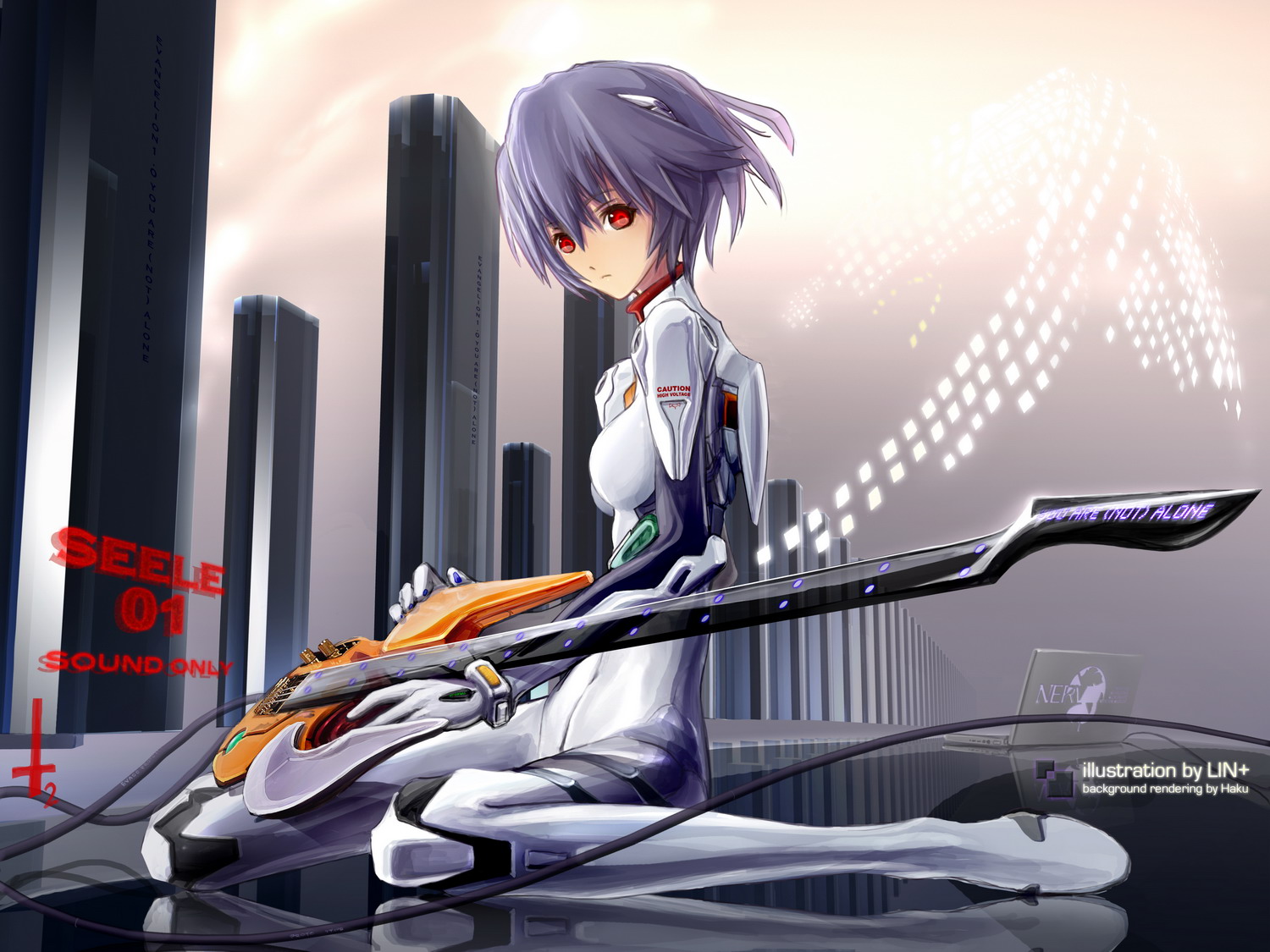 lin+, ayanami rei, neon genesis evangelion, blue hair, computer, guitar, instrument, interface headset (evangelion), laptop, mecha pilot suit, plugsuit (evangelion), red eyes, short hair, solo