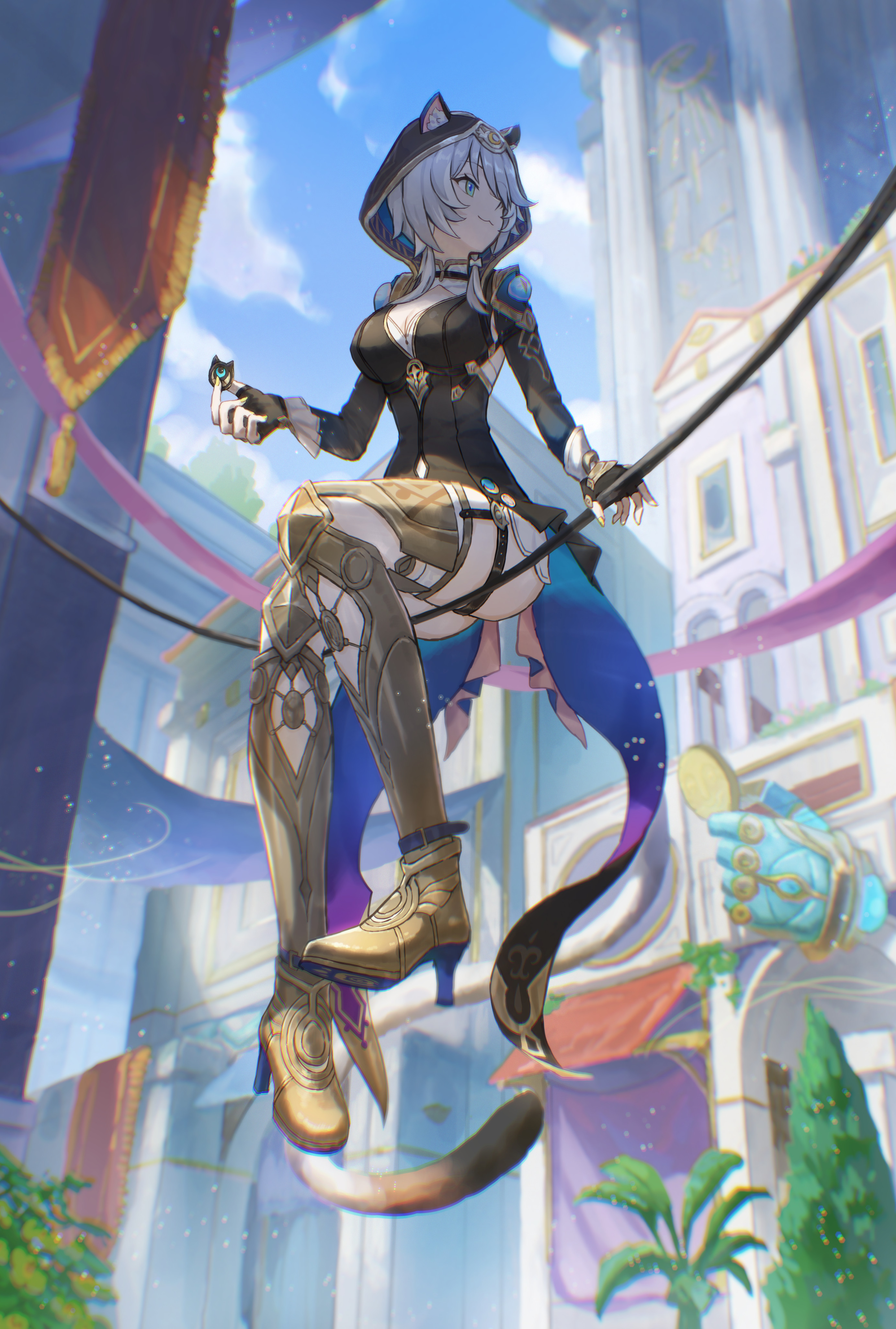 isome, cipher (honkai: star rail), honkai: star rail, honkai (series), absurdres, commentary request, highres, revision, 1girl, animal ears, animal hood, armored boots, black gloves, black leotard, blue eyes, blue sky, boots, breasts, cat ears, cat girl, cat hood, cat tail, cleavage, coin, fingerless gloves, gloves, gold boots, grey hair, high heel boots, high heels, holding, holding coin, hood, hooded leotard, large breasts, leotard, short hair with long locks, sky, solo, tail, thighs, yellow nails