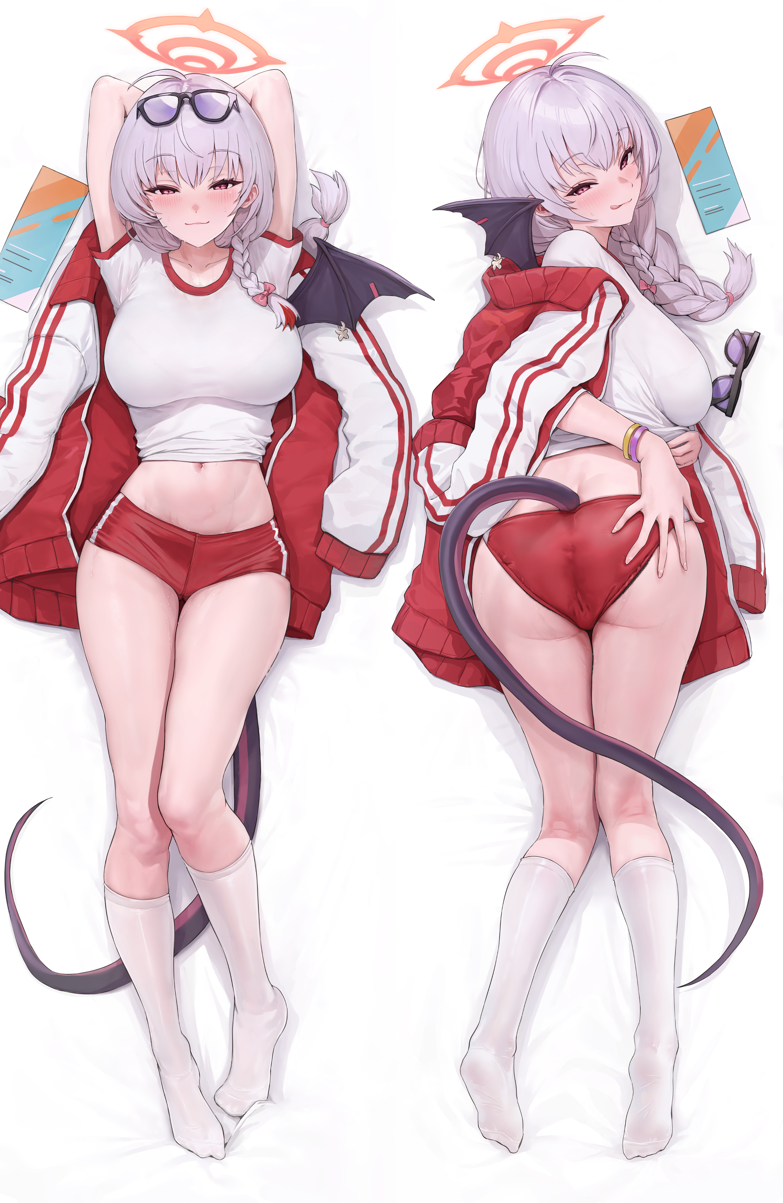 akita hika, haruna (blue archive), haruna (track) (blue archive), blue archive, absurdres, commentary request, detexted, highres, third-party edit, 1girl, arms up, ass, back, blush, braid, breasts, buruma, dakimakura (medium), demon tail, demon wings, eyewear on head, full body, glasses, gym uniform, halo, jacket, jacket on shoulders, kneehighs, kneepits, large breasts, long hair, long tail, looking at viewer, looking back, multiple views, navel, official alternate costume, red buruma, red eyes, red jacket, shirt, short sleeves, side braid, single wing, smile, socks, stomach, tail, track jacket, white hair, white shirt, wings
