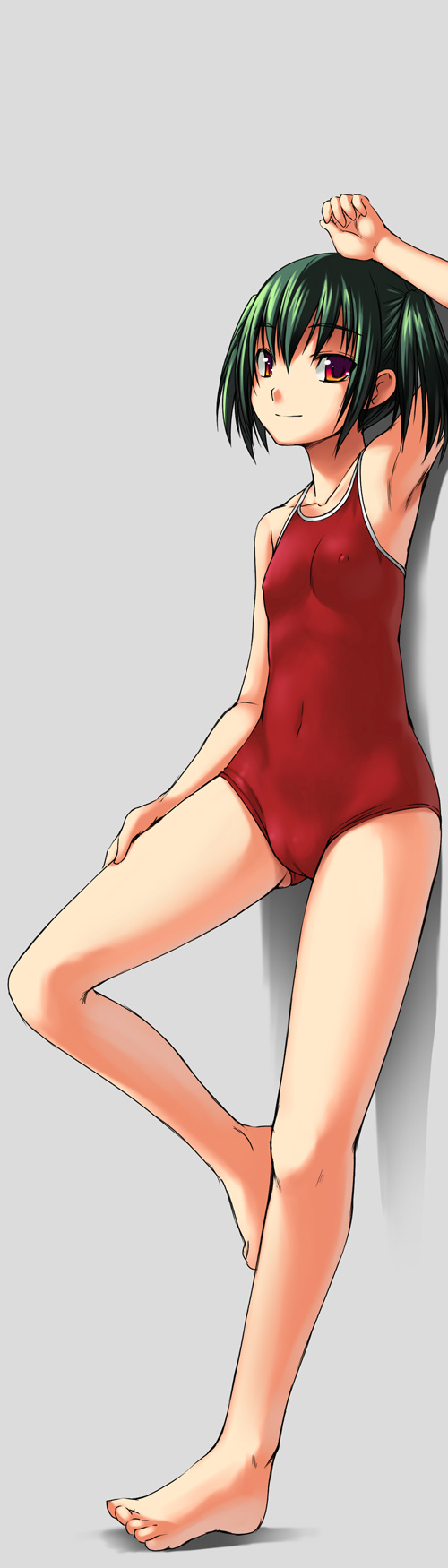 bosshi, yu (bosshi), original, highres, long image, tall image, 1girl, armpits, barefoot, cameltoe, competition school swimsuit, feet, female focus, flat chest, grey background, hand on own thigh, nipples, one-piece swimsuit, red one-piece swimsuit, school swimsuit, solo, swimsuit, toes