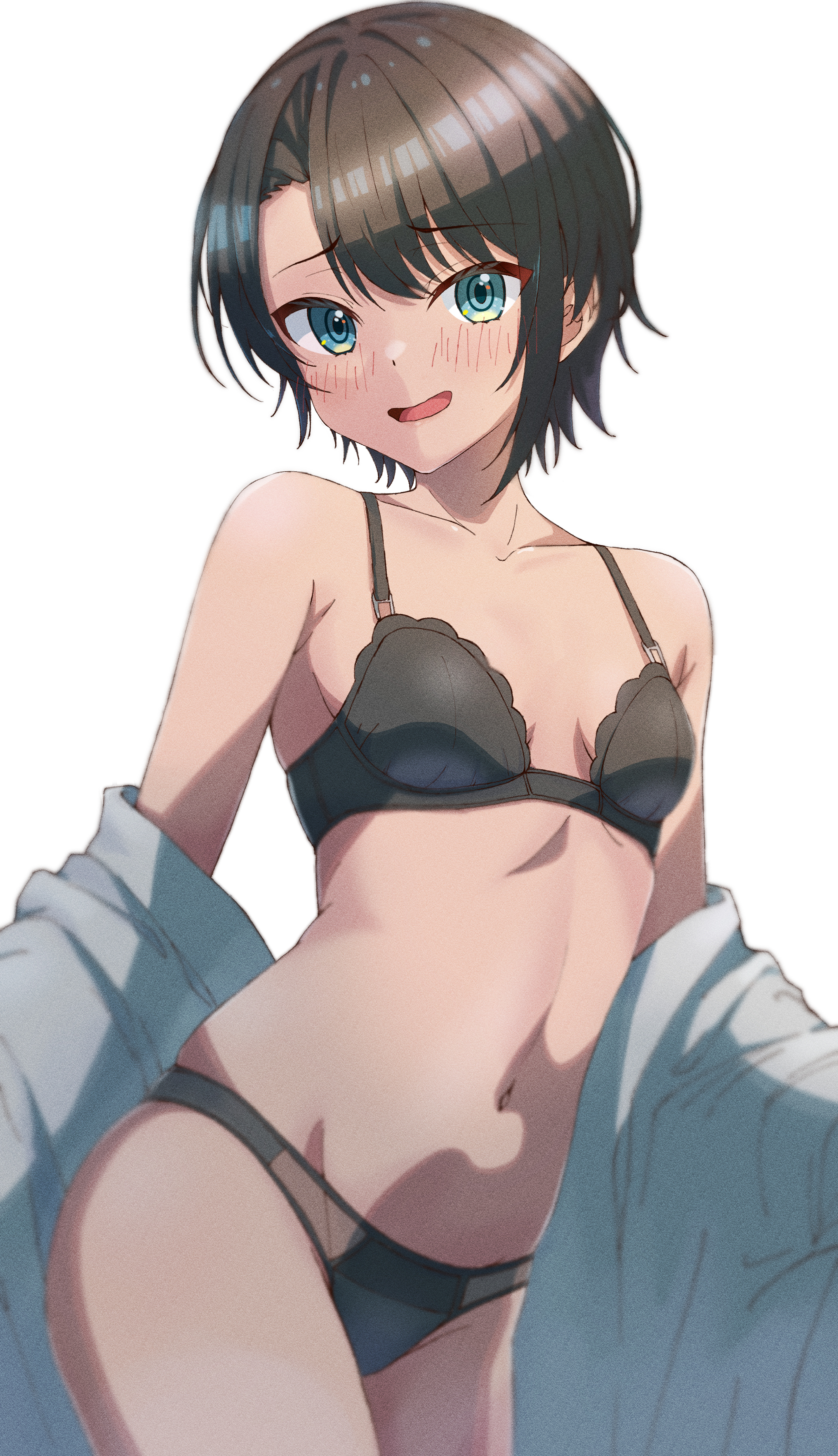 halya meri, oozora subaru, hololive, absurdres, highres, 1girl, aqua eyes, black bra, black hair, black panties, blush, bra, breasts, collarbone, cowboy shot, looking at viewer, navel, open mouth, panties, short hair, simple background, solo, standing, underwear, underwear only, virtual youtuber, white background