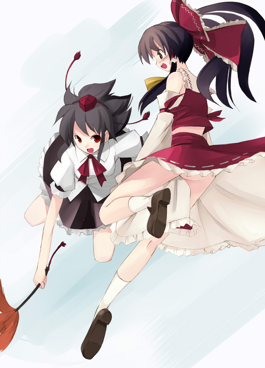 seo tatsuya, hakurei reimu, shameimaru aya, touhou, highres, 2girls, female focus, multiple girls, no panties
