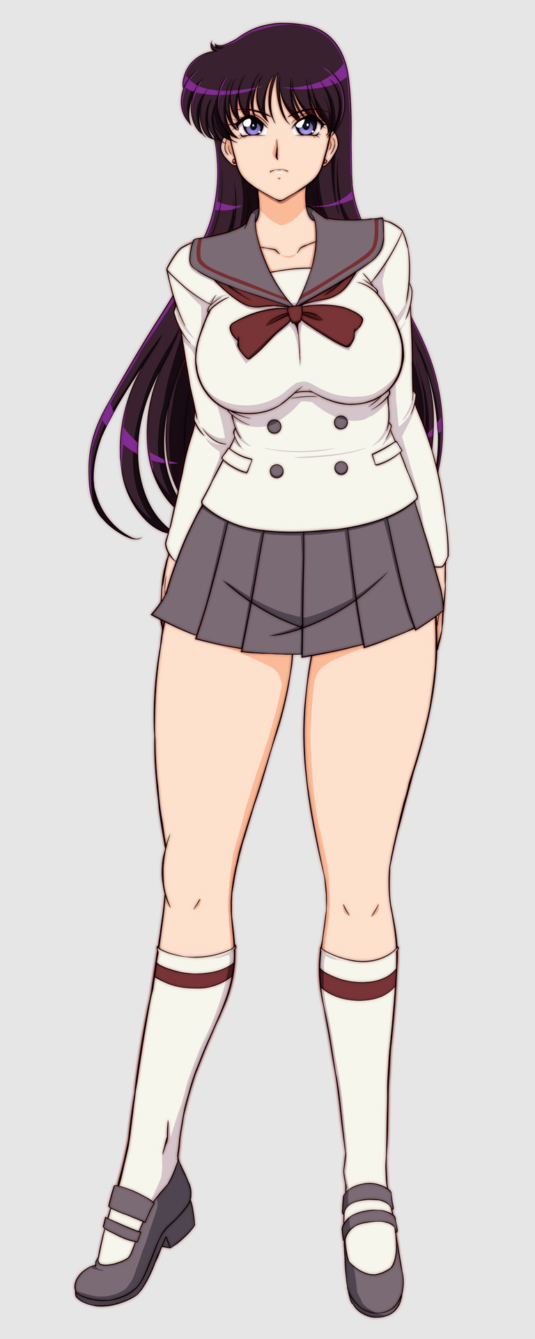 lento (glamour works), hino rei, bishoujo senshi sailor moon, highres, black hair, bow, bowtie, breasts, collarbone, earrings, grey sailor collar, grey skirt, jewelry, large breasts, long hair, mary janes, red bow, red bowtie, sailor collar, school uniform, serafuku, shoes, skirt, socks, stud earrings, swept bangs, ta girls school uniform, thick thighs, thighs, white socks