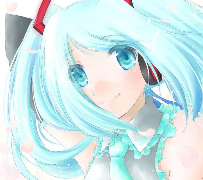 minyo, hatsune miku, vocaloid, 1girl, aqua hair, aqua necktie, bare shoulders, blush, cable, closed mouth, collared shirt, detached sleeves, female focus, grey shirt, hair ornament, headphones, long hair, looking at viewer, necktie, petals, portrait, shirt, simple background, sleeveless, sleeveless shirt, smile, solo, twintails, upper body, white background