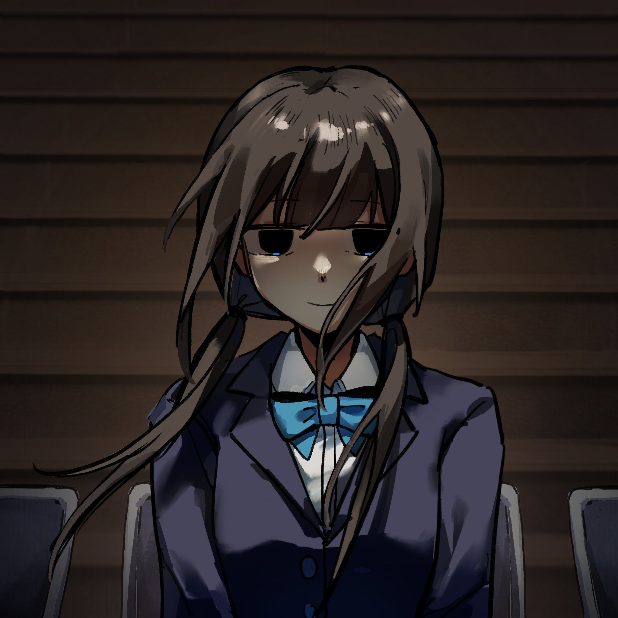rainflowerstone, synthesizer v, highres, 1girl, blue jacket, blunt bangs, bow, bowtie, brown hair, chair, chirijiri (synthesizer v), closed mouth, collared shirt, floating hair, jacket, long hair, long sleeves, looking at viewer, low twintails, school uniform, shaded face, shirt, sitting, smile, solid eyes, solo, straight-on, twintails, upper body, white shirt, wings