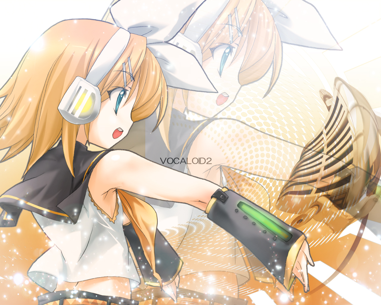 tnonizyou, kagamine rin, vocaloid, 1girl, :d, arm warmers, back, blonde hair, blouse, blue eyes, bow, female focus, from behind, glowing, hair bow, hair ornament, hairclip, headphones, open mouth, outstretched arm, polka dot, ribbon, sailor collar, shirt, short hair, sleeveless, smile, solo, swept bangs, upper body, upshirt, white bow, white shirt, yellow ribbon, zoom layer