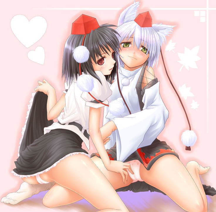 gizensha, inubashiri momiji, shameimaru aya, touhou, 2girls, animal ears, barefoot, cameltoe, feet, female focus, hat, kneeling, multiple girls, panties, pom pom (clothes), tokin hat, underwear, wolf ears, yuri