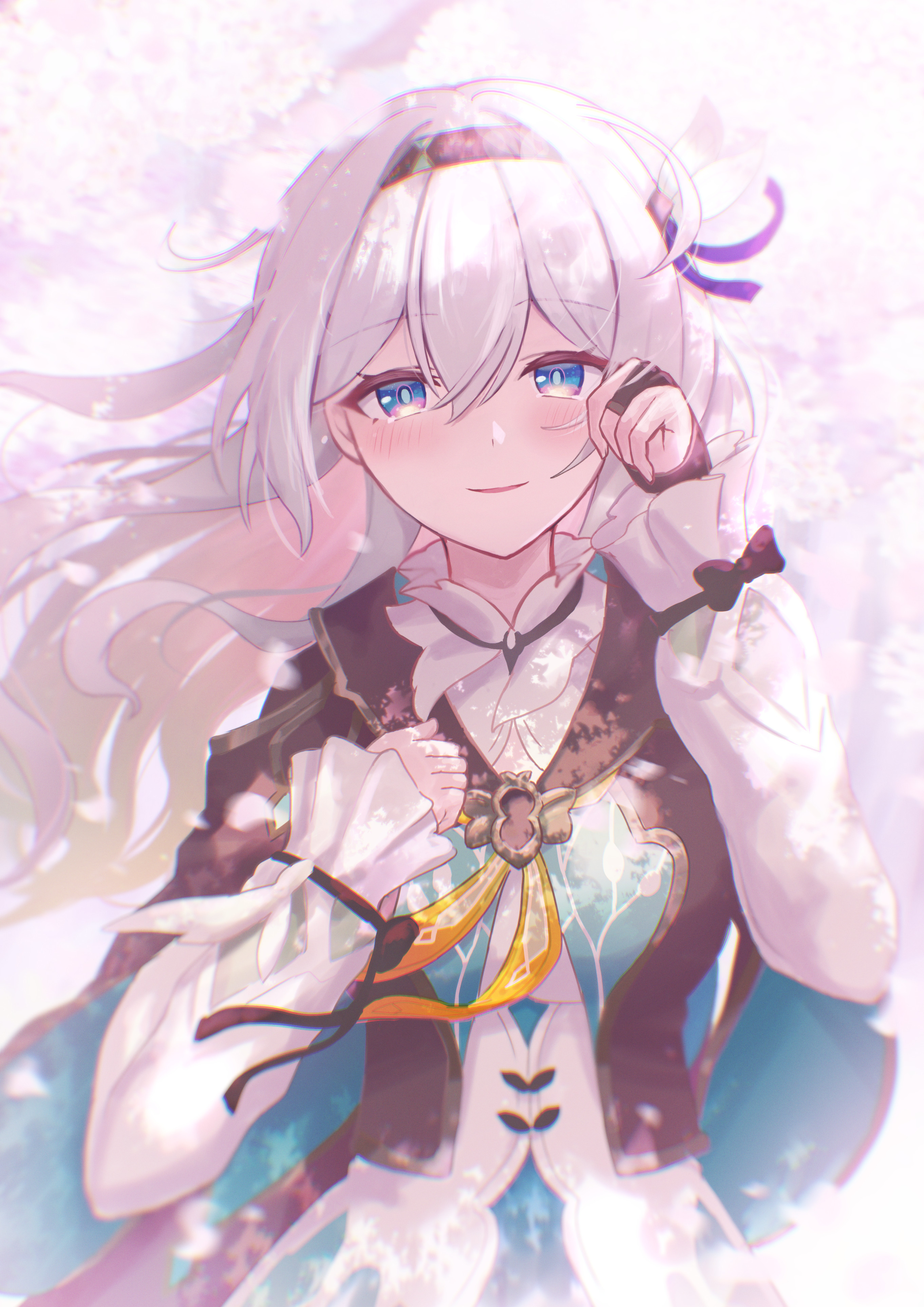 isome, firefly (honkai: star rail), honkai: star rail, honkai (series), absurdres, commentary request, highres, revision, 1girl, black bridal gauntlets, black hairband, black jacket, blue pupils, blurry, blurry background, bridal gauntlets, cherry blossoms, cropped jacket, dappled sunlight, floating hair, grey hair, hair between eyes, hair ornament, hairband, hand up, jacket, long hair, long sleeves, looking at viewer, multicolored eyes, neckerchief, orange neckerchief, outdoors, parted lips, shirt, single bridal gauntlet, smile, solo, sunlight, two-tone eyes, white shirt