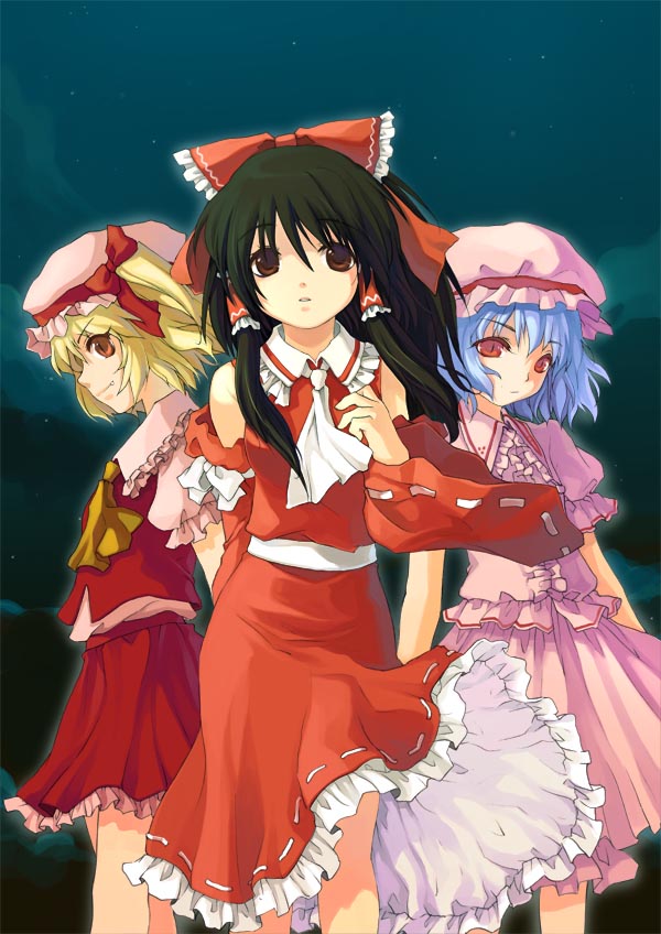 cuteg, flandre scarlet, hakurei reimu, remilia scarlet, touhou, bad id, bad pixiv id, 3girls, female focus, gradient background, hat, multiple girls, skirt