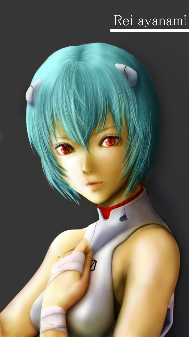 rinzou (dangan), ayanami rei, neon genesis evangelion, bad id, bad pixiv id, blue hair, interface headset (evangelion), mecha pilot suit, plugsuit (evangelion), red eyes, solo