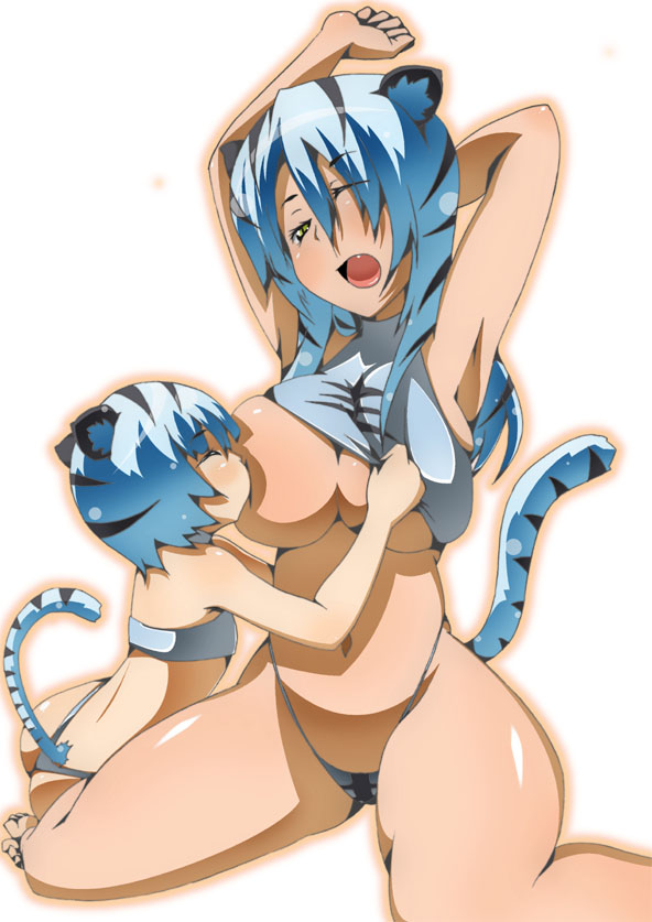toudori, original, 2girls, age difference, animal ears, blue hair, breast slip, breast sucking, breastfeeding, breasts, curvy, family, huge breasts, loli, mother and daughter, multiple girls, one breast out, onee-loli, open mouth, tail, thick thighs, thighs, tiger ears, wince, yawning, yellow eyes, yuri