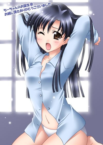 itsuki sayaka, kisaragi chihaya, idolmaster, idolmaster (classic), idolmaster 1, 00s, arms up, panties, shirt, solo, underwear, white shirt, yawning