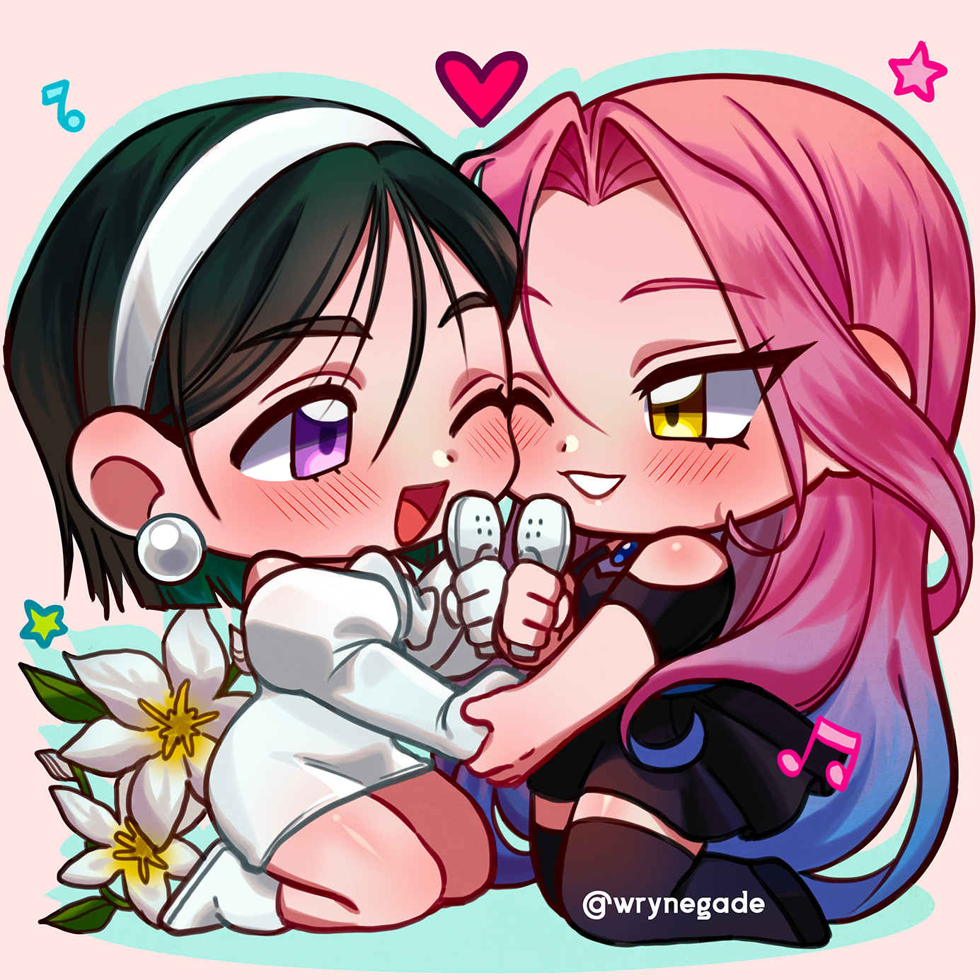 wrynegade, mizi (alien stage), sua (alien stage), alien stage, white lily, commentary, english commentary, highres, 2girls, artist name, beamed eighth notes, black dress, black hair, blue hair, blush, chibi, chibi only, dress, earrings, flower, gloves, gradient hair, hairband, heart, holding, holding hands, holding microphone, jewelry, juliet sleeves, lily (flower), long hair, long sleeves, microphone, multicolored hair, multiple girls, musical note, open mouth, pearl earrings, pink hair, puffy sleeves, purple eyes, short hair, sitting, smile, sphere earrings, star (symbol), two-tone hair, very long hair, white dress, white flower, white hairband, yellow eyes
