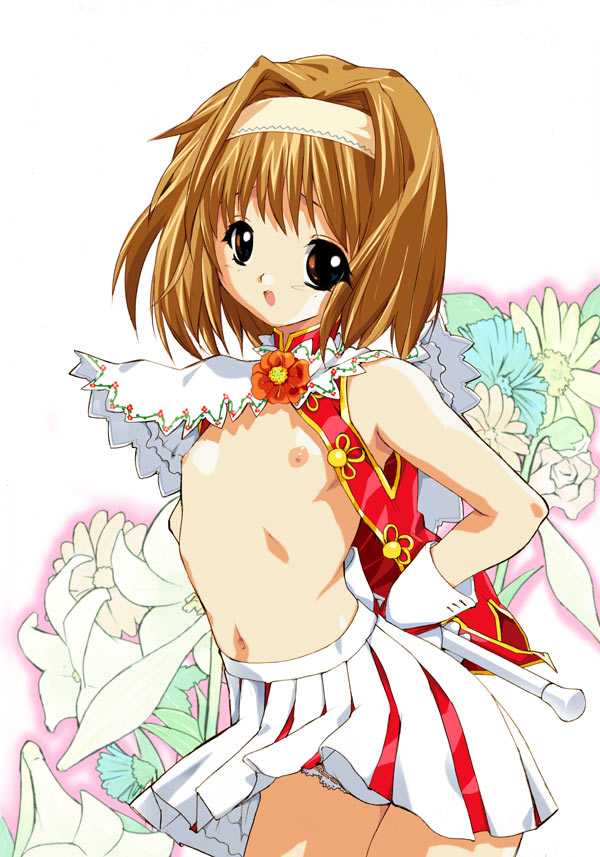 kusaka souji, kaho (sister princess), sister princess, jpeg artifacts, 00s, 1girl, cheerleader, female focus, flat chest, hairband, nipples, panties, solo, underwear