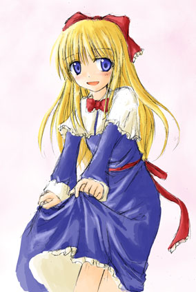 alice margatroid, shanghai doll, touhou, lowres, 1girl, alice margatroid (cosplay), blonde hair, blue eyes, cosplay, female focus, solo, standing