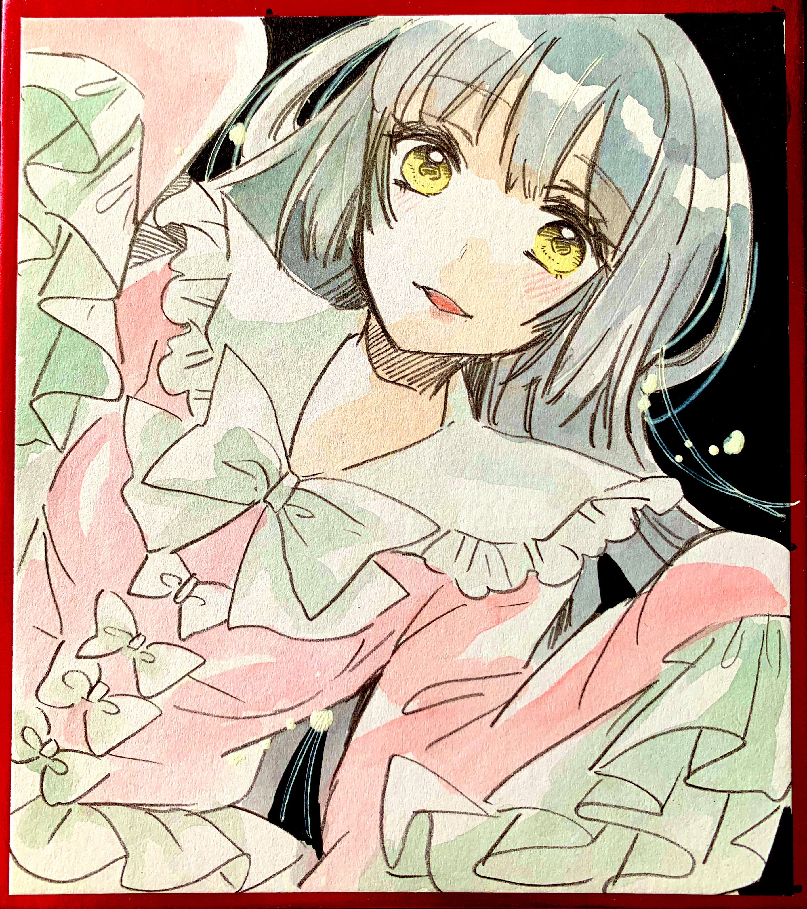 akaioringo2023, houraisan kaguya, touhou, absurdres, highres, 1girl, black background, black hair, long hair, looking at viewer, pink shirt, shirt, solo, upper body, very long hair, yellow eyes